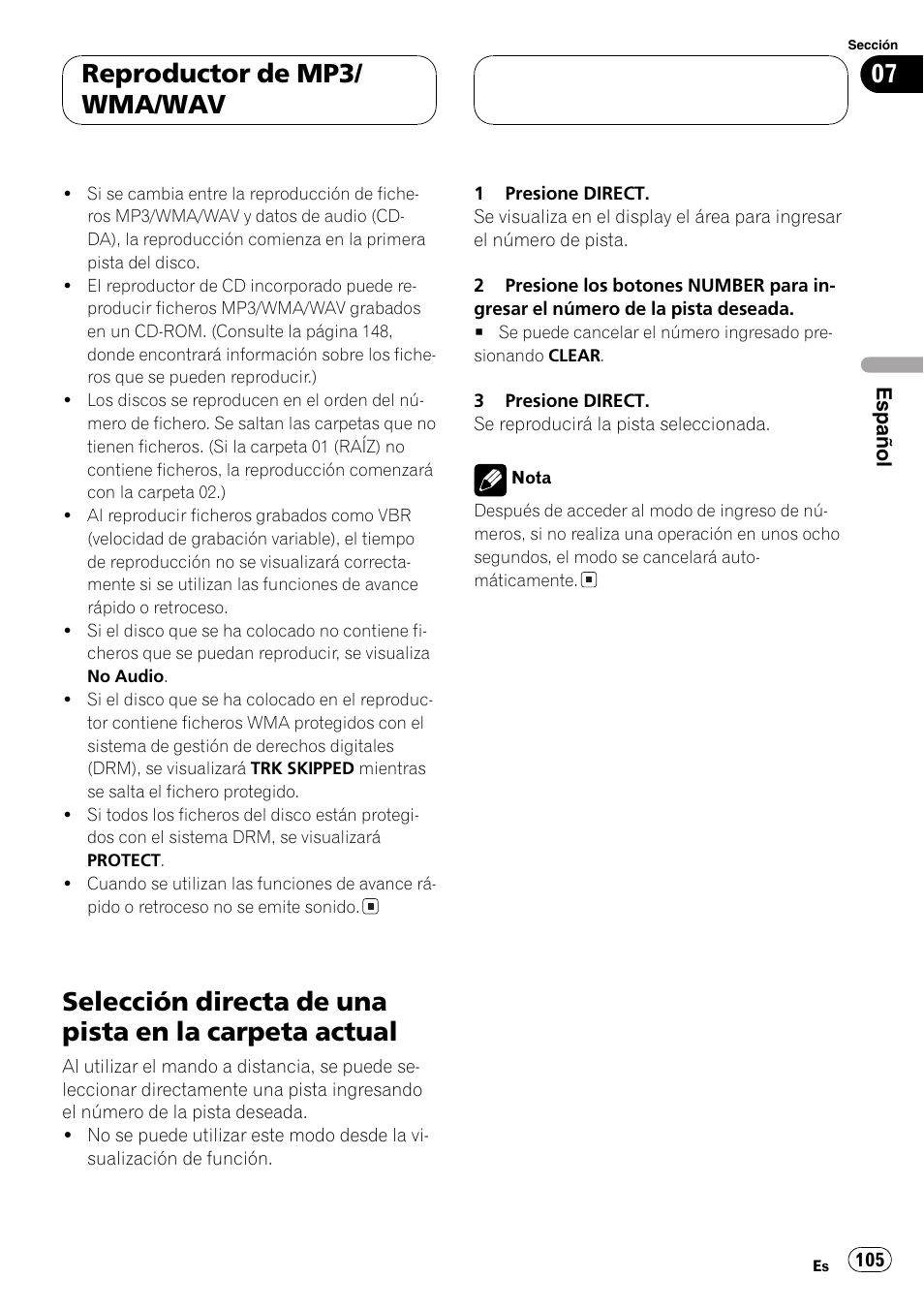 Selección directa de una pista en la carpeta, Actual 105, Reproductor de mp3/ wma/wav | Pioneer DEH-P80MP User Manual | Page 105 / 155