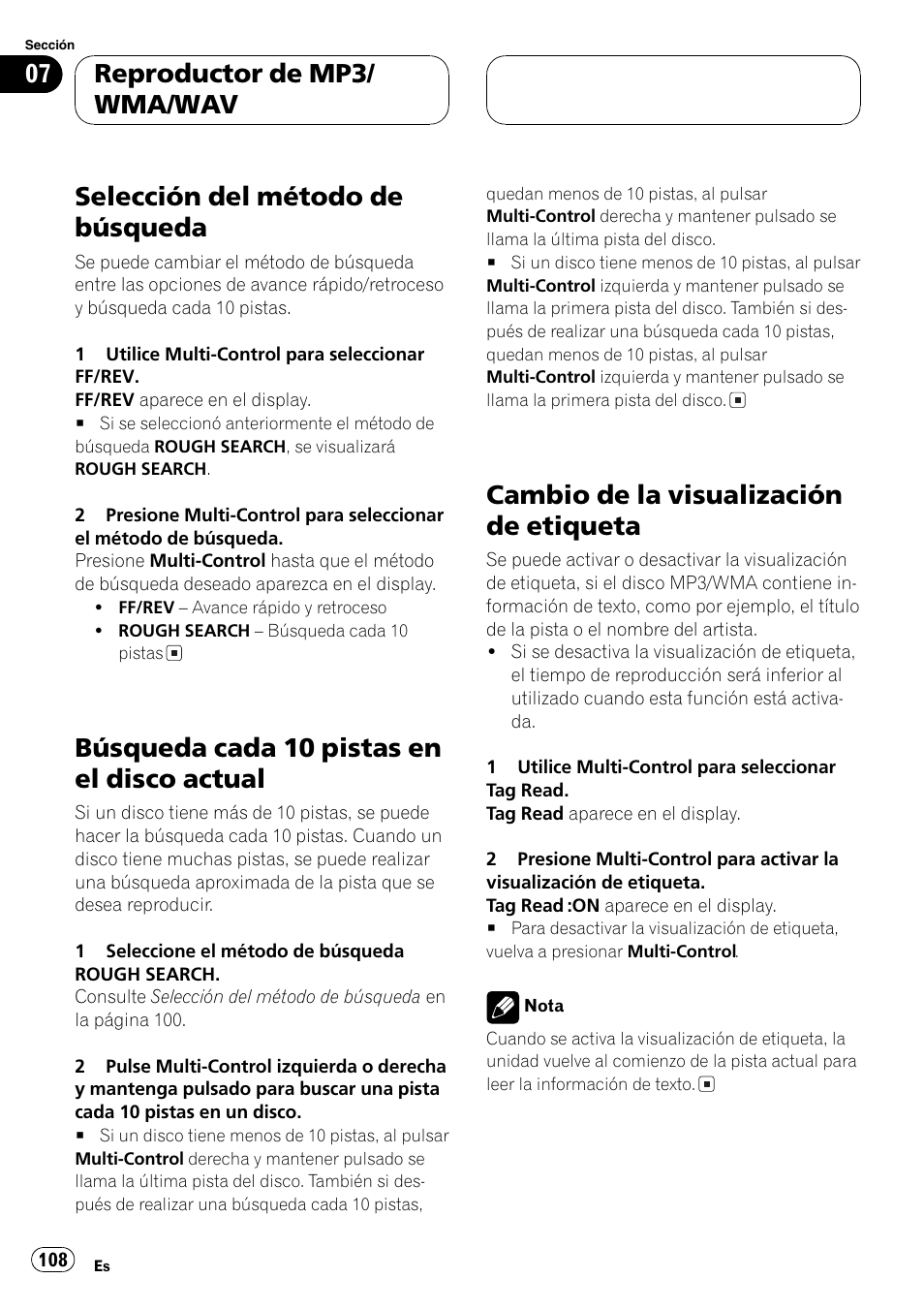 Selección del método de búsqueda 108, Búsqueda cada 10 pistas en el disco, Actual 108 | Cambio de la visualización de etiqueta 108, Selección del método de búsqueda, Búsqueda cada 10 pistas en el disco actual, Cambio de la visualización de etiqueta, Reproductor de mp3/ wma/wav | Pioneer DEH-P80MP User Manual | Page 108 / 155