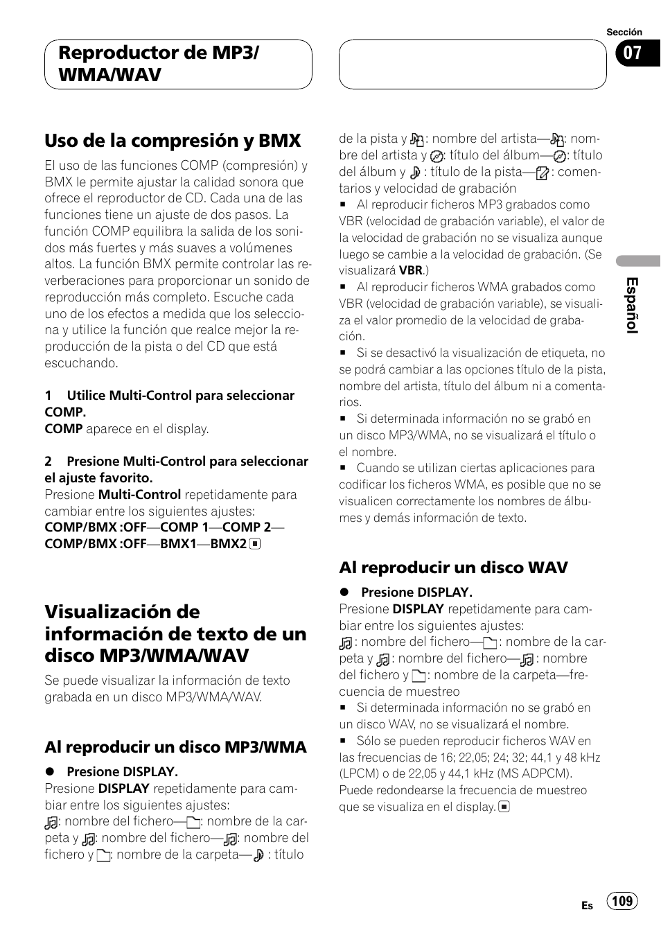 Uso de la compresión y bmx 109, Visualización de información de texto de un, Disco mp3/wma/wav 109 | Al reproducir un disco mp3, Wma 109, Al reproducir un disco wav 109, Uso de la compresión y bmx, Reproductor de mp3/ wma/wav | Pioneer DEH-P80MP User Manual | Page 109 / 155