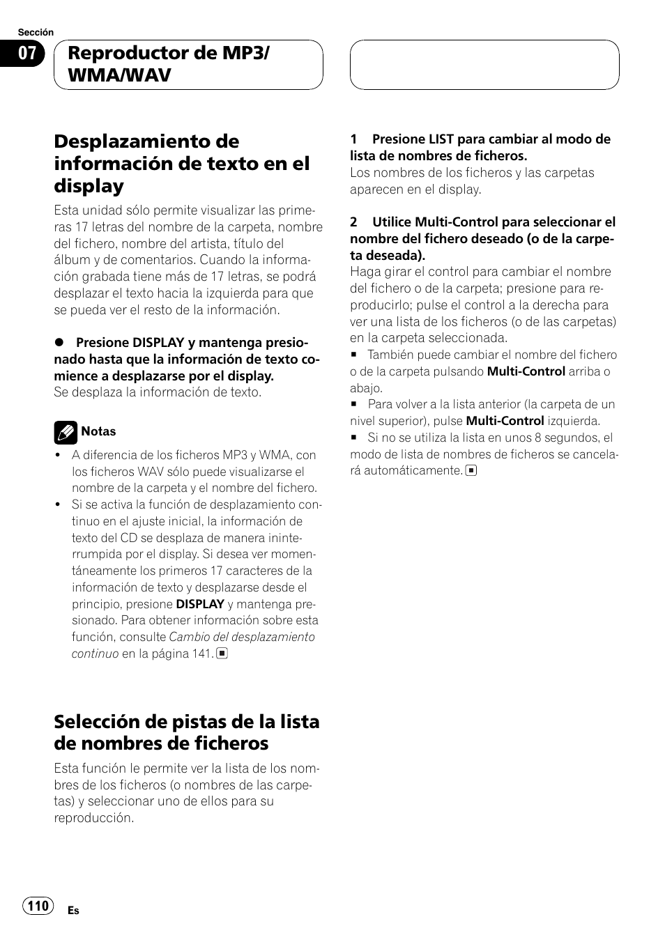 Desplazamiento de información de texto en, El display 110, Selección de pistas de la lista de nombres de | Ficheros 110, Reproductor de mp3/ wma/wav | Pioneer DEH-P80MP User Manual | Page 110 / 155