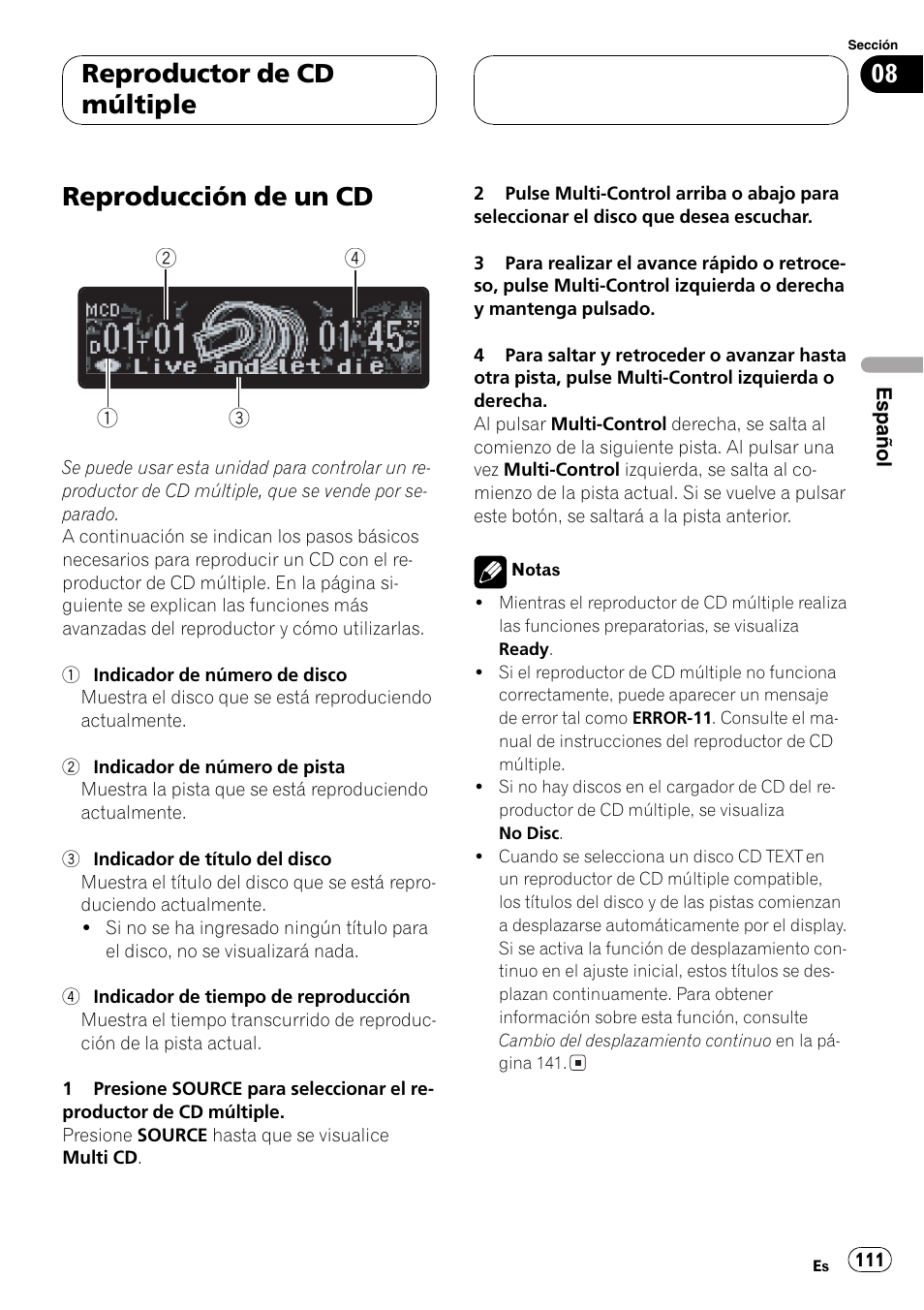 Reproductor de cd múltiple, Reproducción de un cd 111, Reproducción de un cd | Pioneer DEH-P80MP User Manual | Page 111 / 155