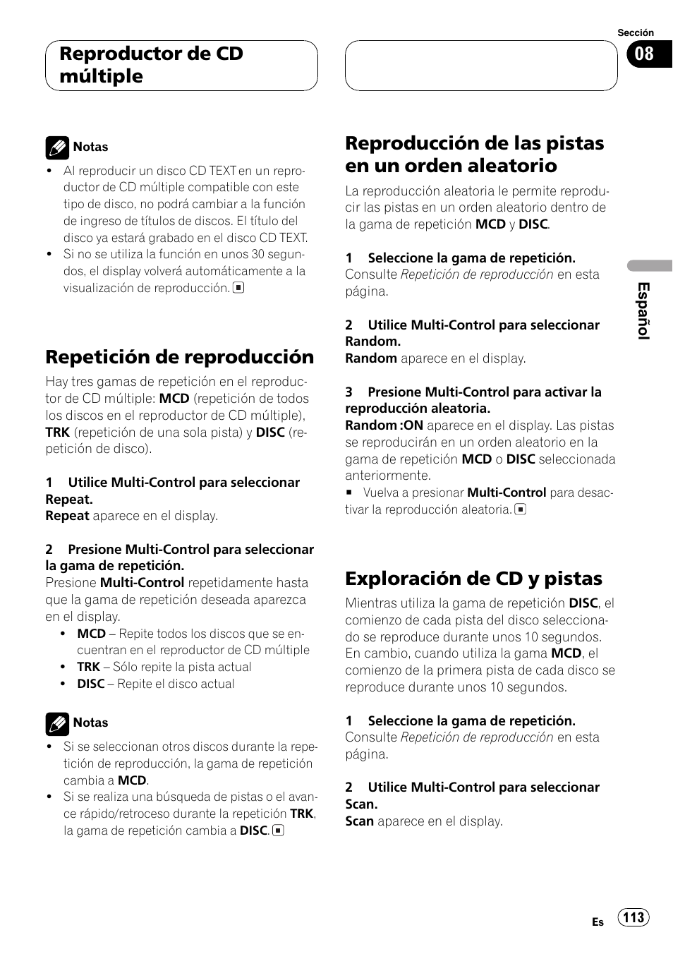 Repetición de reproducción 113, Reproducción de las pistas en un orden, Aleatorio 113 | Exploración de cd y pistas 113, Repetición de reproducción, Reproducción de las pistas en un orden aleatorio, Exploración de cd y pistas, Reproductor de cd múltiple | Pioneer DEH-P80MP User Manual | Page 113 / 155