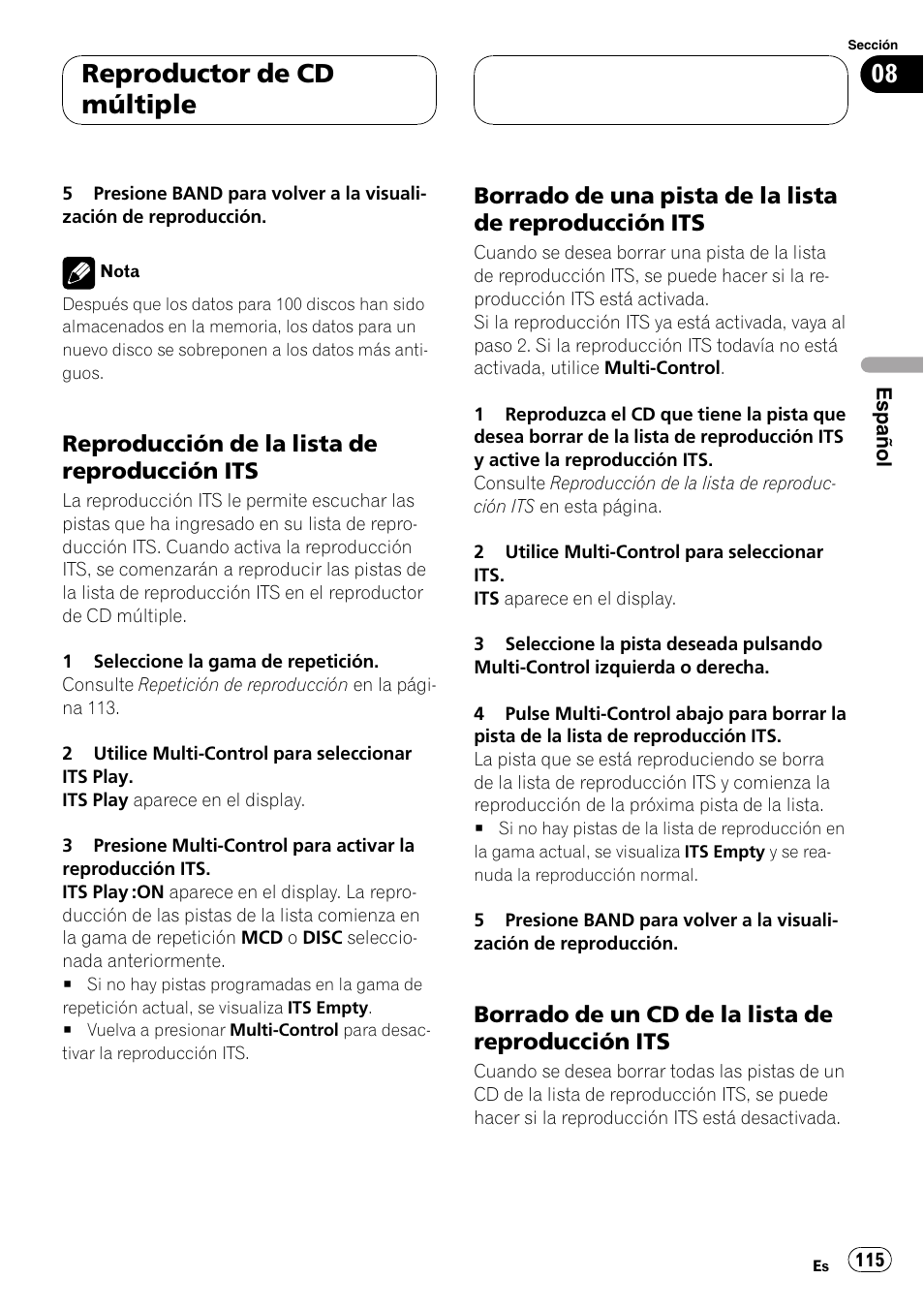 Reproducción de la lista de, Reproducción its 115, Borrado de una pista de la lista de | Borrado de un cd de la lista de, Reproductor de cd múltiple | Pioneer DEH-P80MP User Manual | Page 115 / 155
