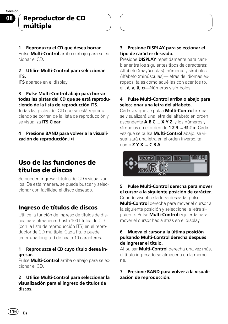 Uso de las funciones de títulos de, Discos 116, Ingreso de títulos de discos 116 | Uso de las funciones de títulos de discos, Reproductor de cd múltiple, Ingreso de títulos de discos | Pioneer DEH-P80MP User Manual | Page 116 / 155