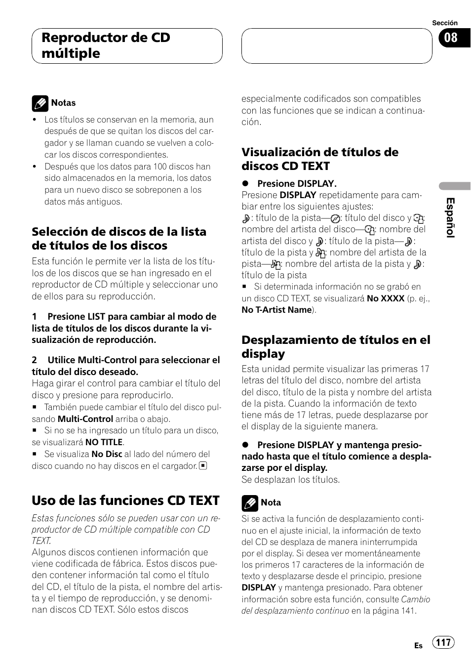 Selección de discos de la lista de, Títulos de los discos 117, Uso de las funciones cd text 117 | Visualización de títulos de discos cd, Text 117, Desplazamiento de títulos en el, Display 117, Uso de las funciones cd text, Reproductor de cd múltiple, Visualización de títulos de discos cd text | Pioneer DEH-P80MP User Manual | Page 117 / 155