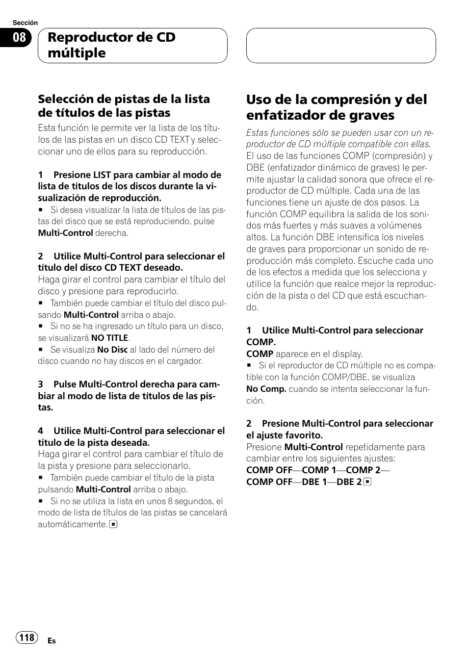 Selección de pistas de la lista de, Títulos de las pistas 118, Uso de la compresión y del enfatizador de | Graves 118, Uso de la compresión y del enfatizador de graves, Reproductor de cd múltiple | Pioneer DEH-P80MP User Manual | Page 118 / 155