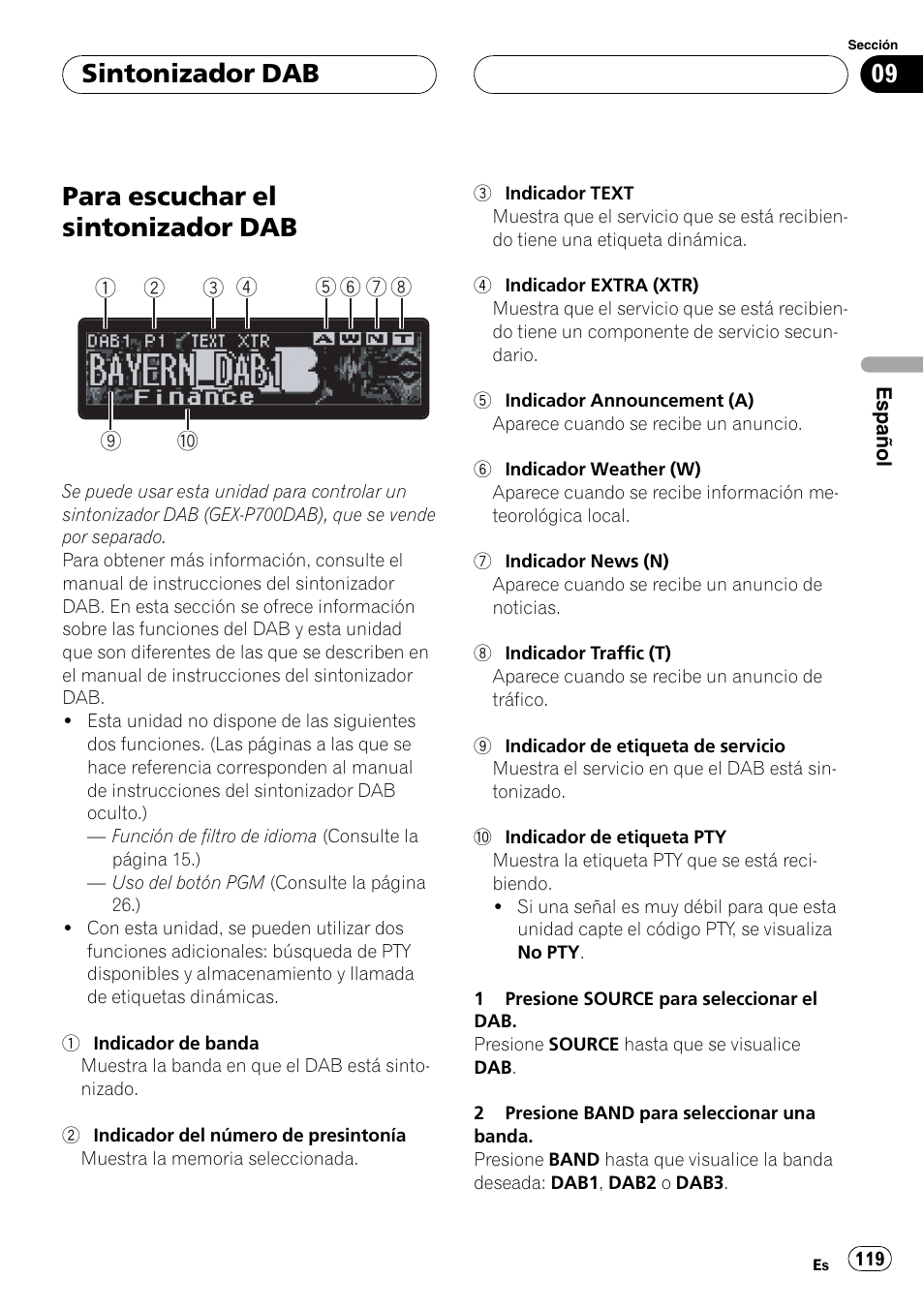 Sintonizador dab, Para escuchar el sintonizador dab 119, Para escuchar el sintonizador dab | Pioneer DEH-P80MP User Manual | Page 119 / 155