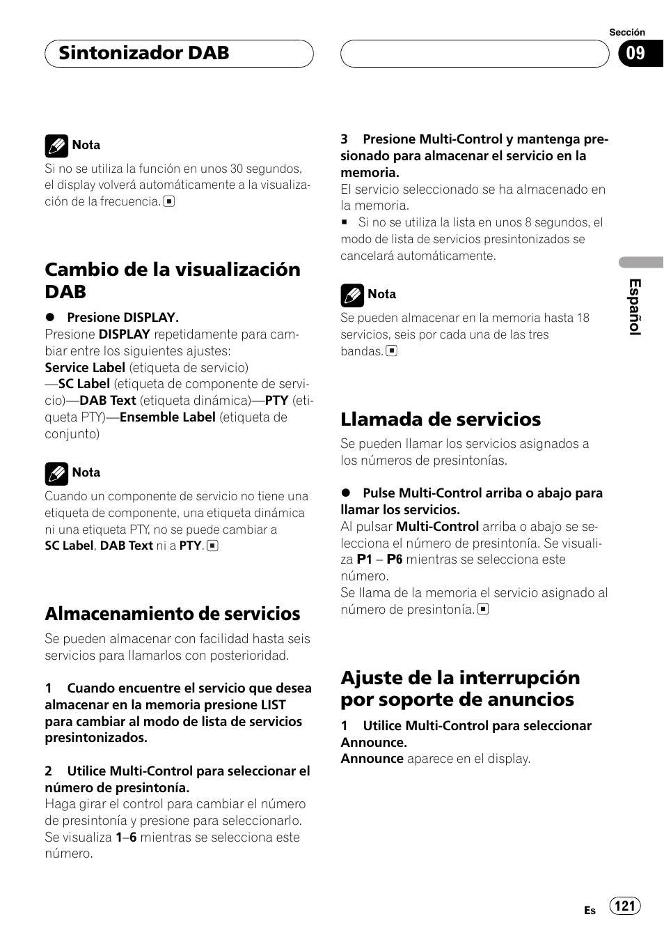 Cambio de la visualización dab 121, Almacenamiento de servicios 121, Llamada de servicios 121 | Ajuste de la interrupción por soporte de, Anuncios 121, Cambio de la visualización dab, Almacenamiento de servicios, Llamada de servicios, Ajuste de la interrupción por soporte de anuncios, Sintonizador dab | Pioneer DEH-P80MP User Manual | Page 121 / 155