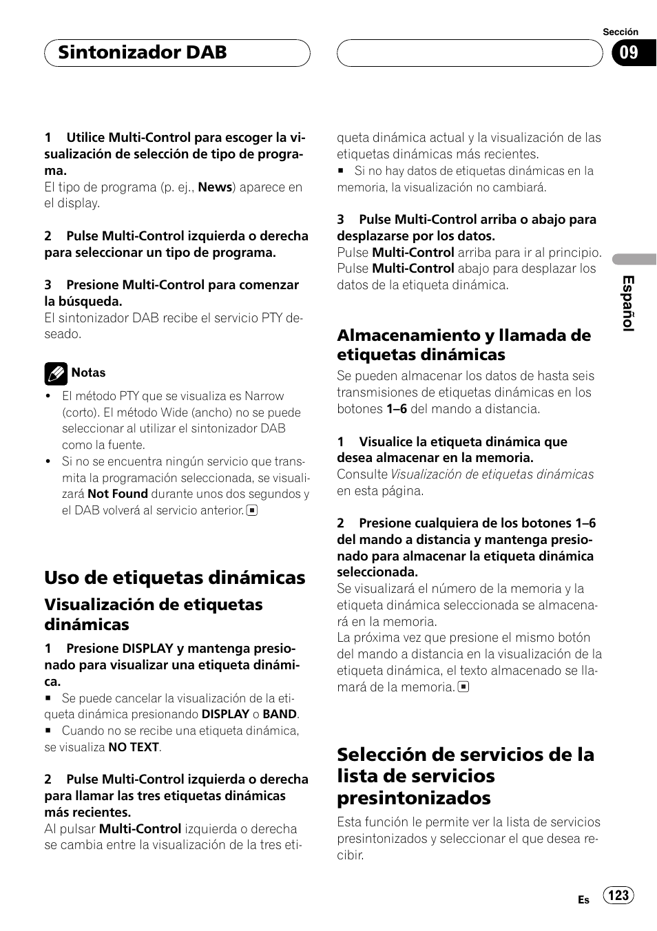 Uso de etiquetas dinámicas 123, Visualización de etiquetas, Dinámicas 123 | Almacenamiento y llamada de, Etiquetas dinámicas 123, Selección de servicios de la lista de servicios, Presintonizados 123, Uso de etiquetas dinámicas, Sintonizador dab | Pioneer DEH-P80MP User Manual | Page 123 / 155