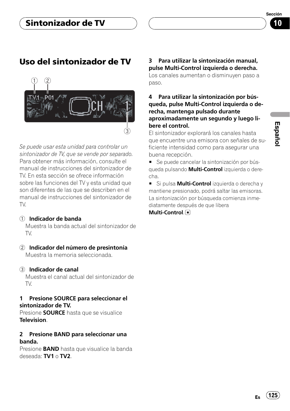 Sintonizador de tv, Uso del sintonizador de tv 125, Uso del sintonizador de tv | Pioneer DEH-P80MP User Manual | Page 125 / 155