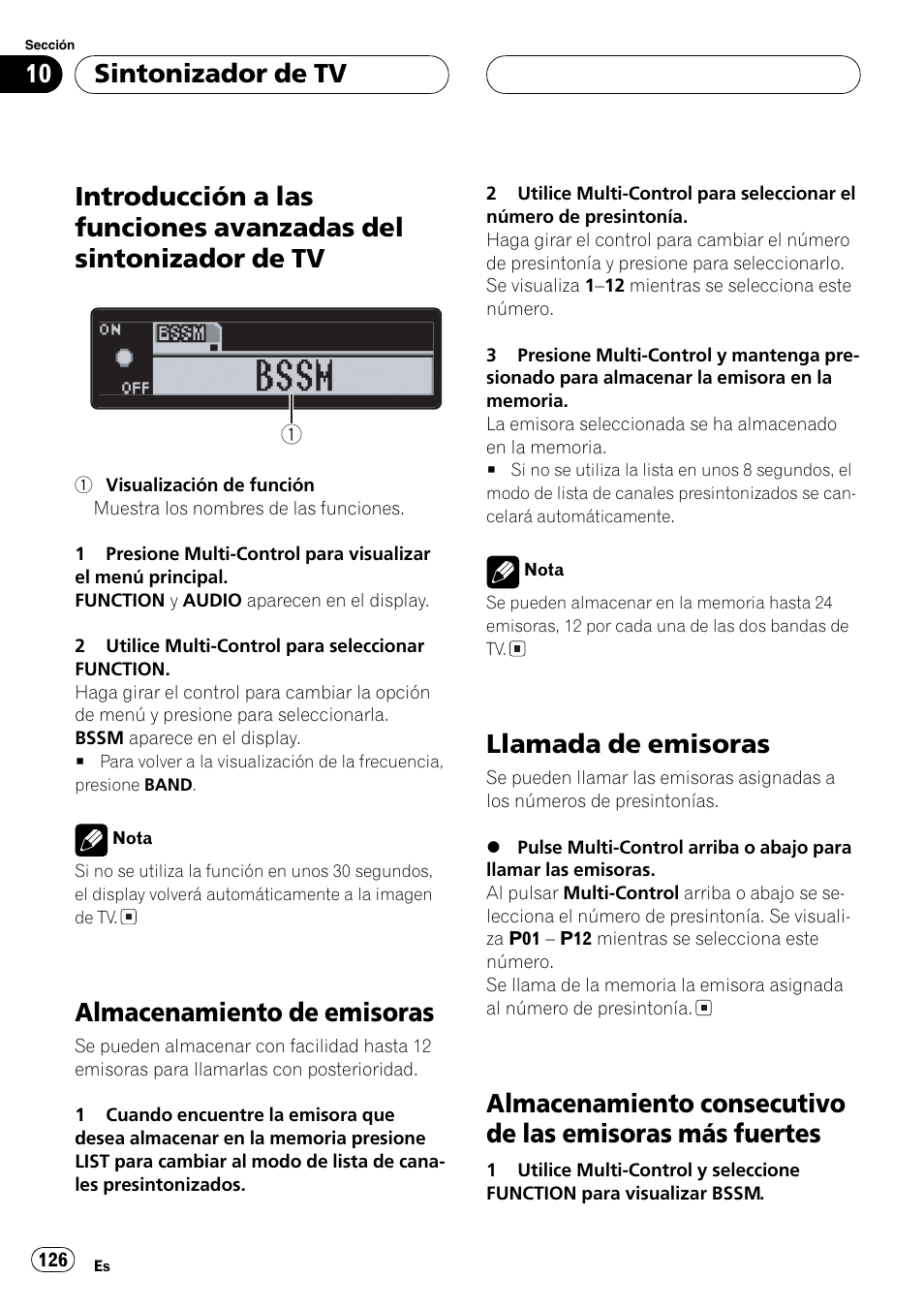 Introducción a las funciones avanzadas del, Sintonizador de tv 126, Almacenamiento de emisoras 126 | Llamada de emisoras 126, Almacenamiento consecutivo de las, Emisoras más fuertes 126, Almacenamiento de emisoras, Llamada de emisoras, Sintonizador de tv | Pioneer DEH-P80MP User Manual | Page 126 / 155