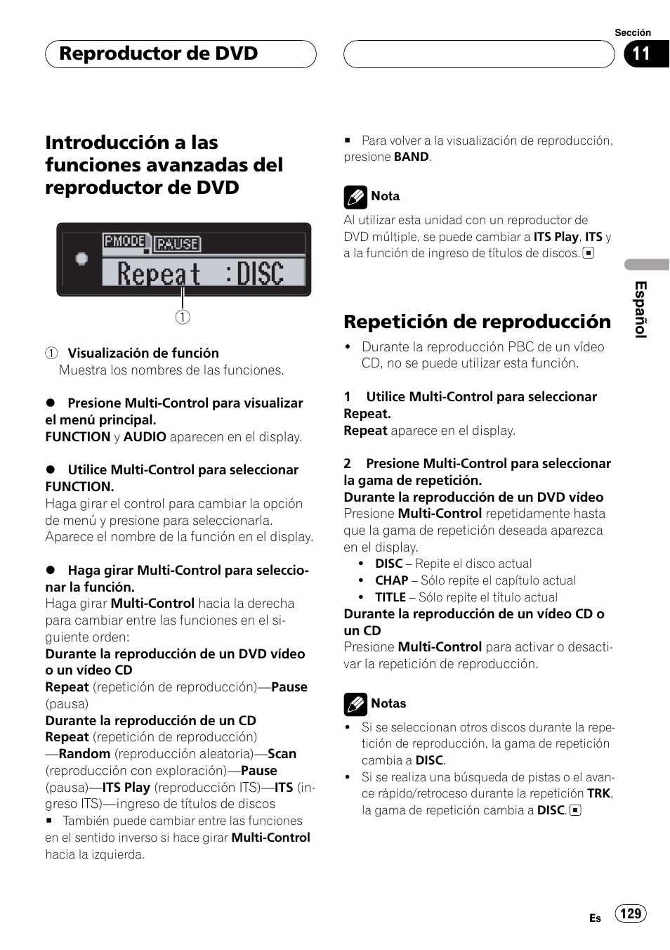 Introducción a las funciones avanzadas del, Reproductor de dvd 129, Repetición de reproducción 129 | Repetición de reproducción, Reproductor de dvd | Pioneer DEH-P80MP User Manual | Page 129 / 155