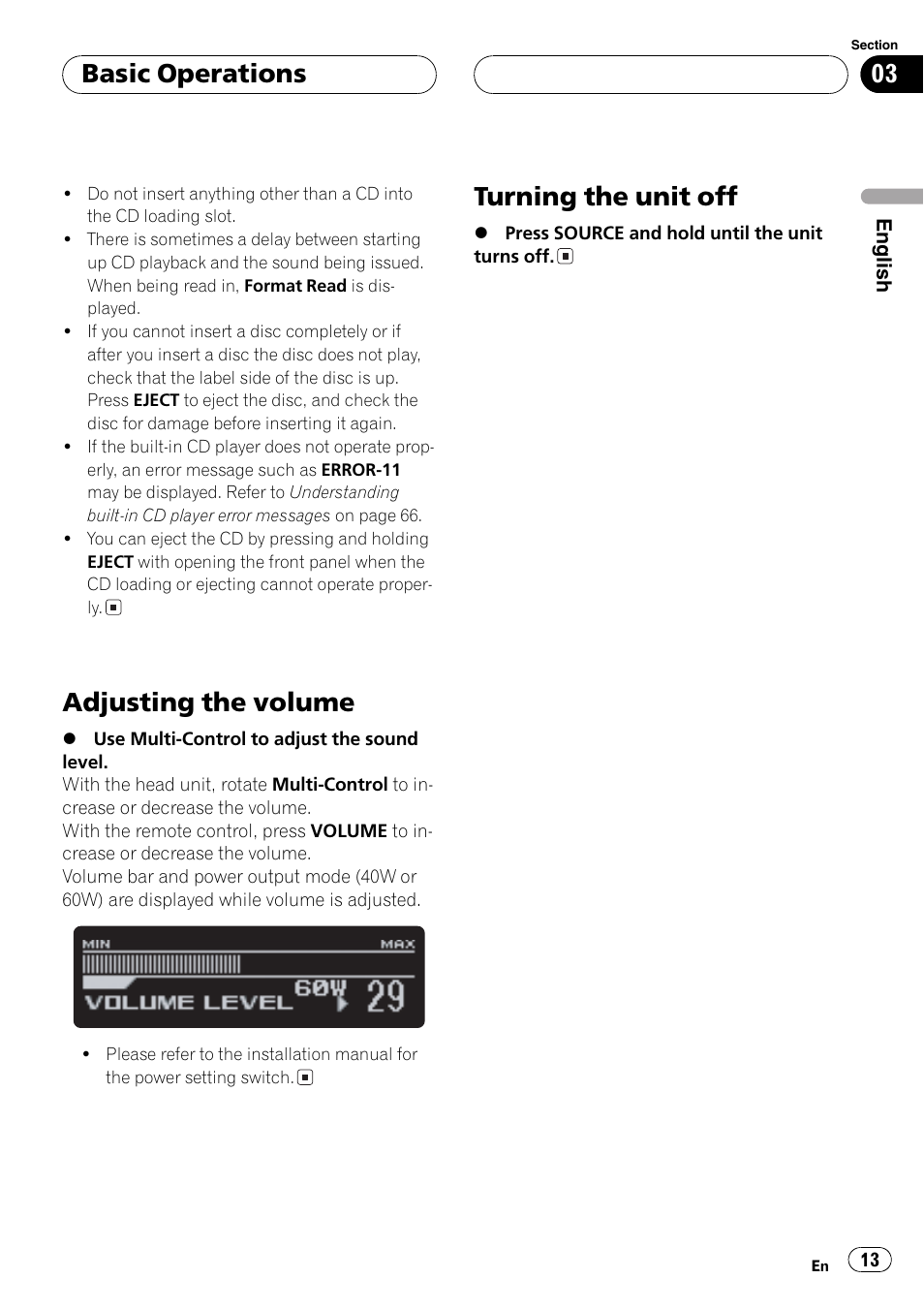 Adjusting the volume 13, Turning the unit off 13, Adjusting the volume | Turning the unit off, Basic operations | Pioneer DEH-P80MP User Manual | Page 13 / 155