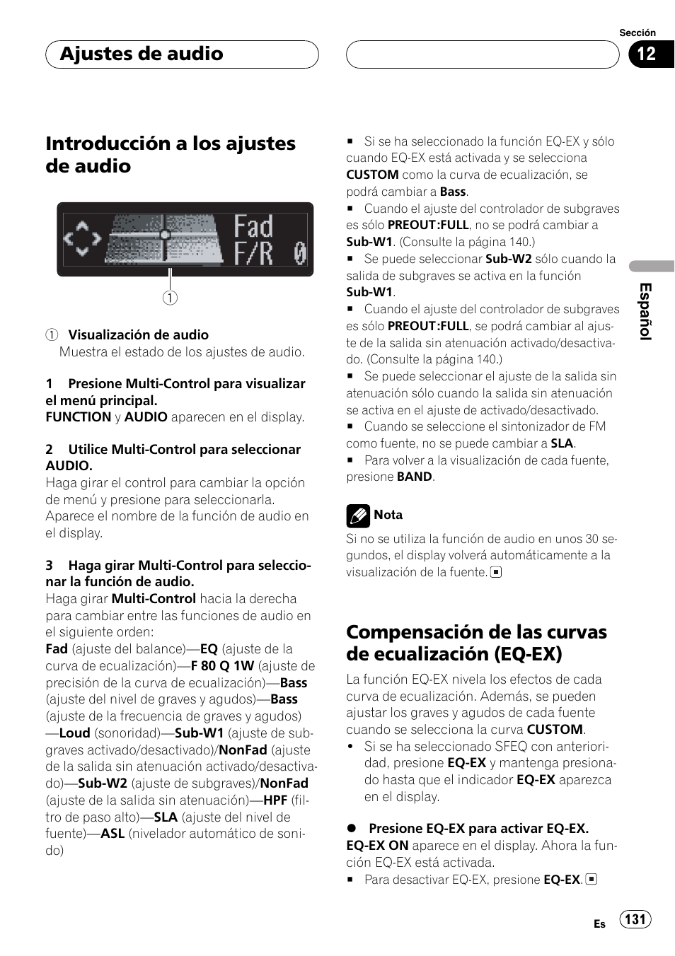 Ajustes de audio, Introducción a los ajustes de audio 131, Compensación de las curvas de ecualización | Eq-ex) 131, Introducción a los ajustes de audio, Compensación de las curvas de ecualización (eq-ex) | Pioneer DEH-P80MP User Manual | Page 131 / 155