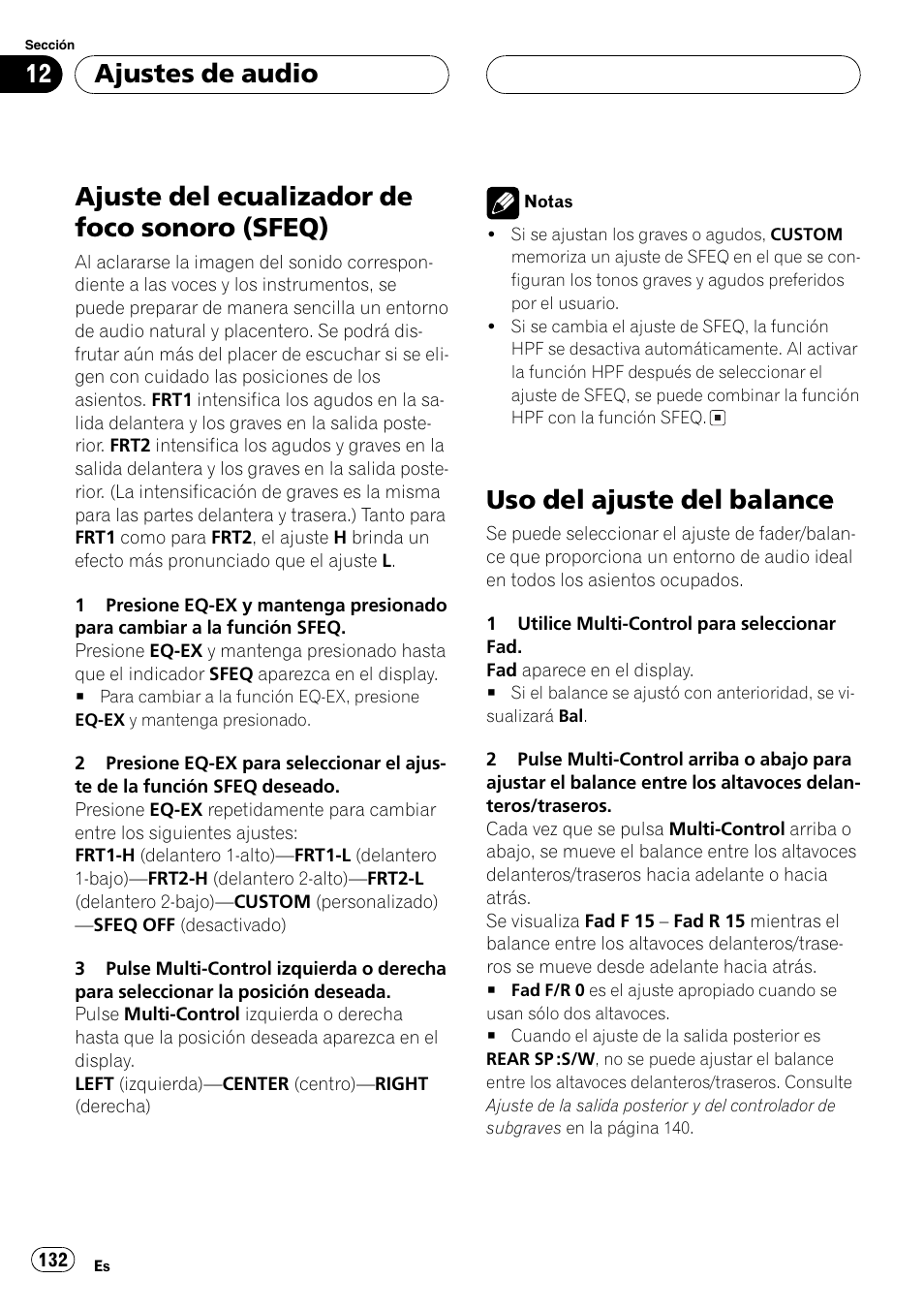 Ajuste del ecualizador de foco sonoro, Sfeq) 132, Uso del ajuste del balance 132 | Ajuste del ecualizador de foco sonoro (sfeq), Uso del ajuste del balance, Ajustes de audio | Pioneer DEH-P80MP User Manual | Page 132 / 155