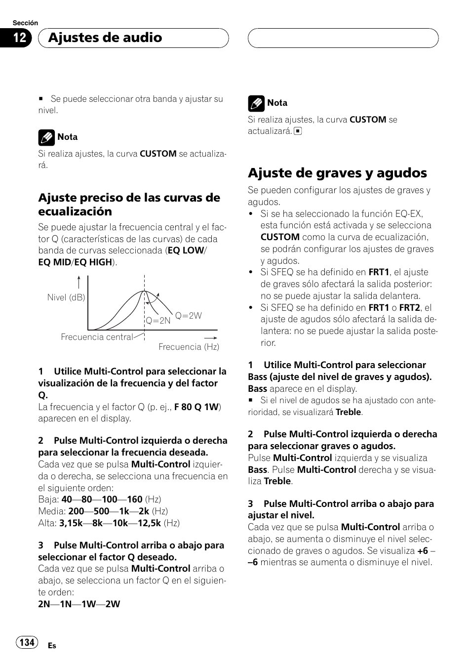 Ajuste preciso de las curvas de, Ecualización 134, Ajuste de graves y agudos 134 | Ajuste de graves y agudos, Ajustes de audio, Ajuste preciso de las curvas de ecualización | Pioneer DEH-P80MP User Manual | Page 134 / 155