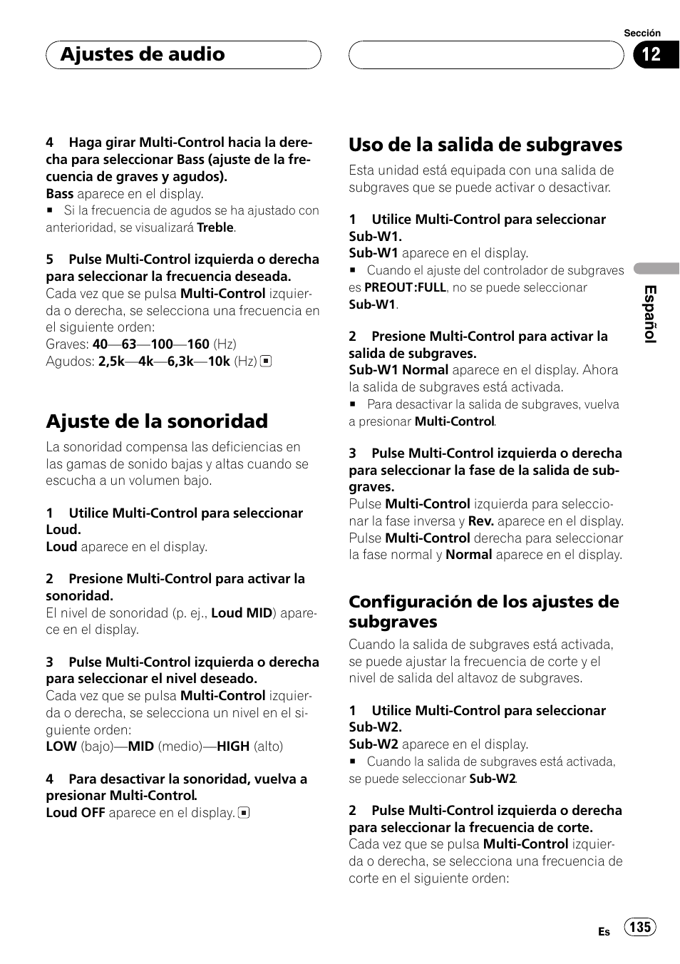 Ajuste de la sonoridad 135, Uso de la salida de subgraves 135, Configuración de los ajustes de | Subgraves 135, Ajuste de la sonoridad, Uso de la salida de subgraves, Ajustes de audio, Configuración de los ajustes de subgraves | Pioneer DEH-P80MP User Manual | Page 135 / 155
