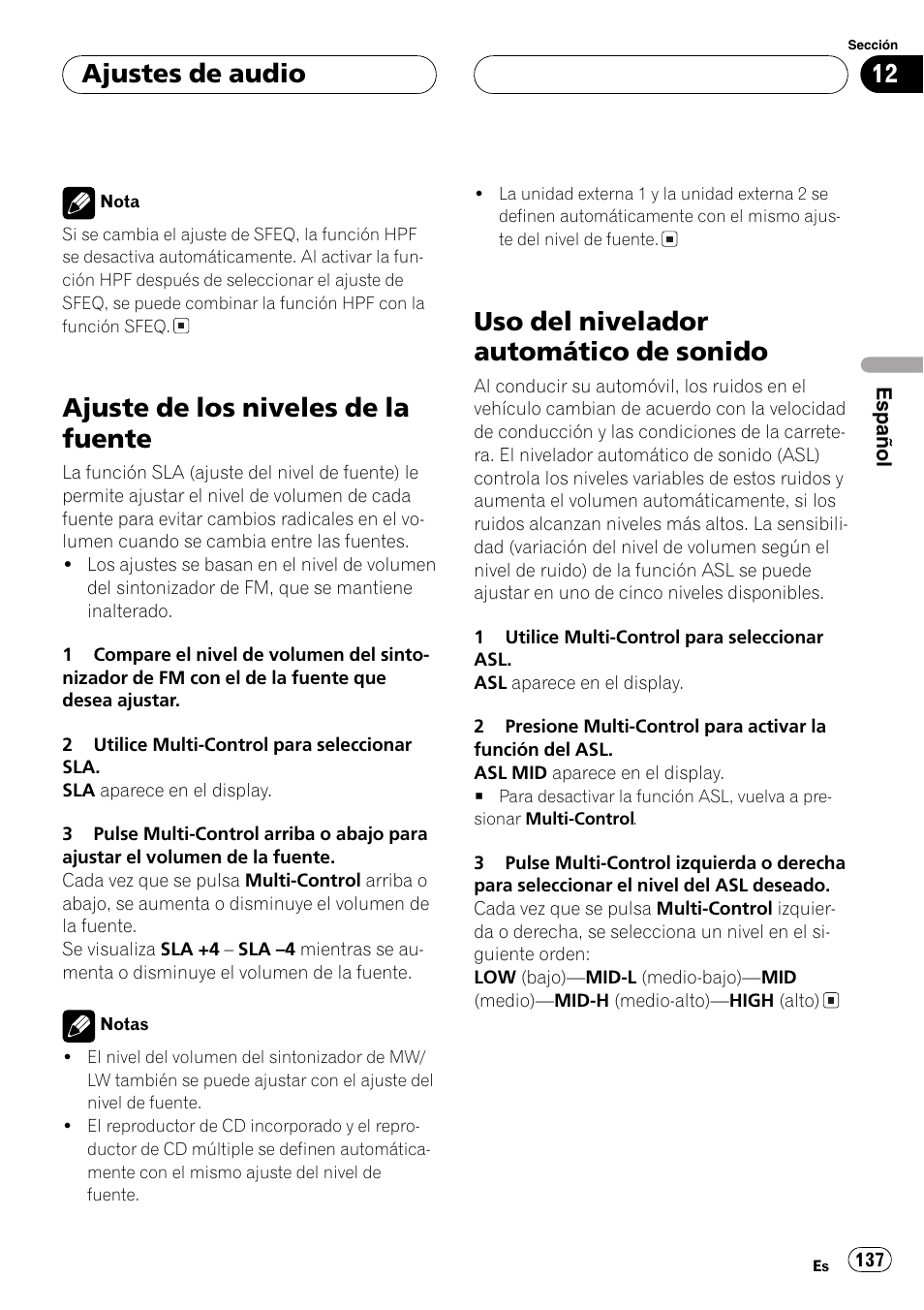 Ajuste de los niveles de la fuente 137, Uso del nivelador automático de sonido 137, Ajuste de los niveles de la fuente | Uso del nivelador automático de sonido, Ajustes de audio | Pioneer DEH-P80MP User Manual | Page 137 / 155