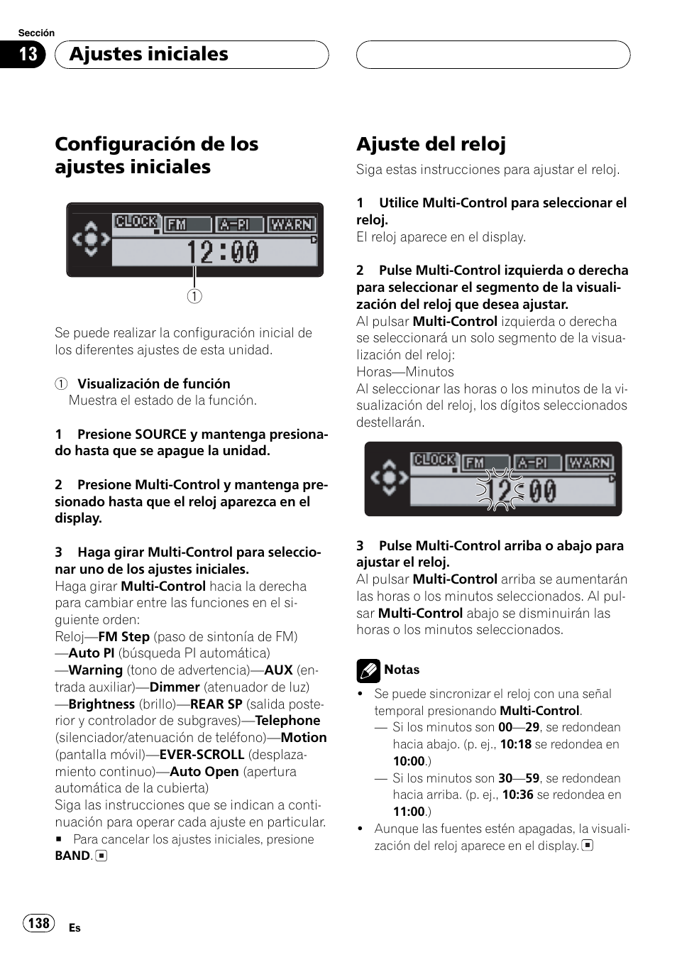 Ajustes iniciales, Configuración de los ajustes iniciales 138, Ajuste del reloj 138 | Configuración de los ajustes iniciales, Ajuste del reloj | Pioneer DEH-P80MP User Manual | Page 138 / 155