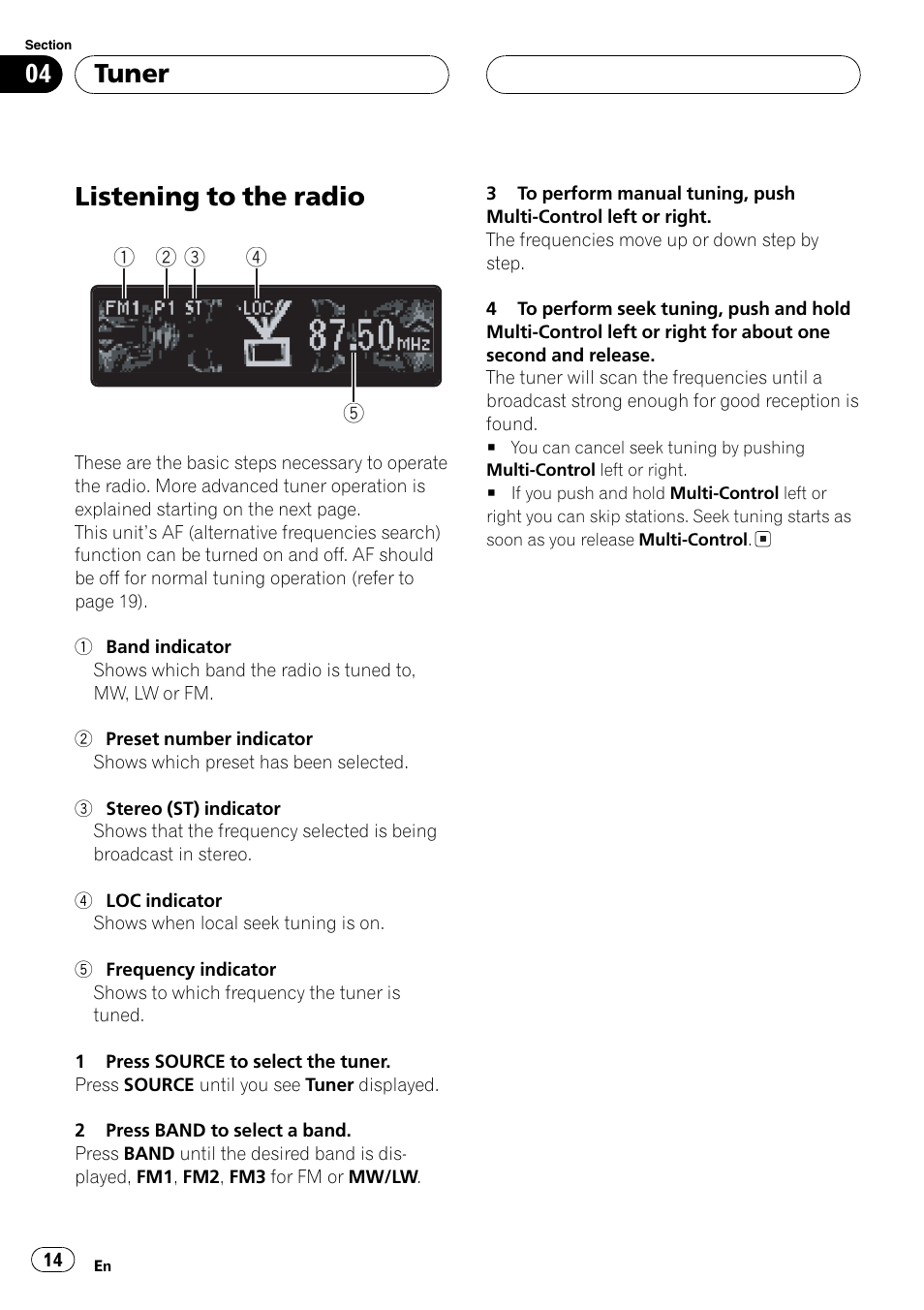 Tuner, Listening to the radio 14, Listening to the radio | Pioneer DEH-P80MP User Manual | Page 14 / 155