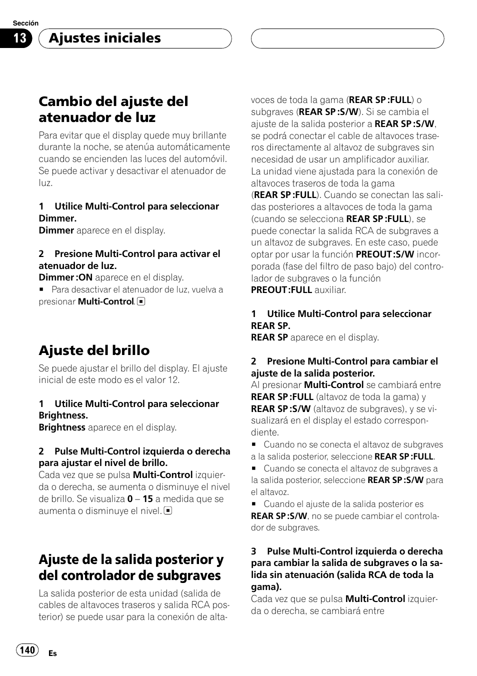 Cambio del ajuste del atenuador de luz 140, Ajuste del brillo 140, Ajuste de la salida posterior y del controlador | De subgraves 140, Cambio del ajuste del atenuador de luz, Ajuste del brillo, Ajustes iniciales | Pioneer DEH-P80MP User Manual | Page 140 / 155
