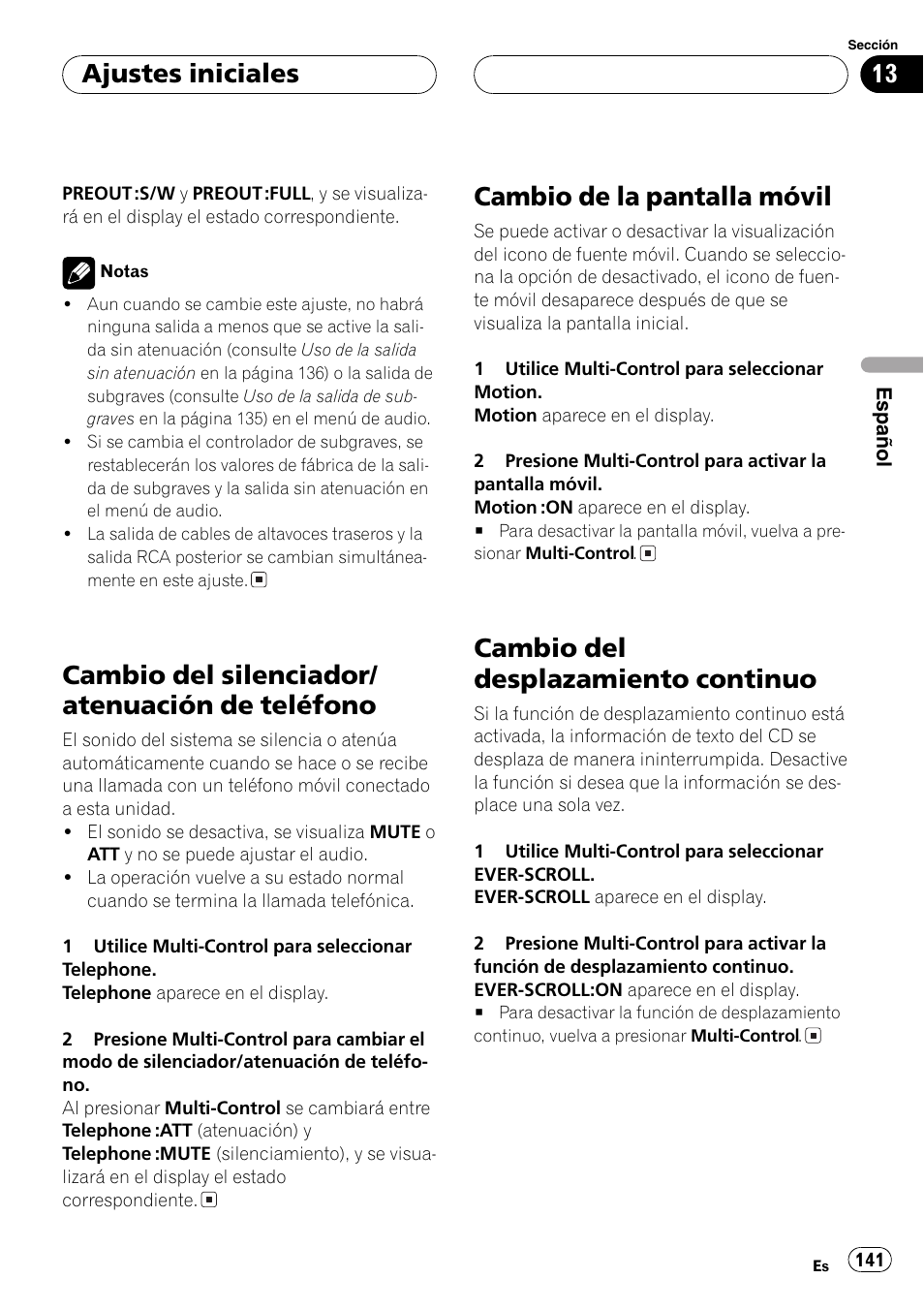 Cambio del silenciador/atenuación de, Teléfono 141, Cambio de la pantalla móvil 141 | Cambio del desplazamiento continuo 141, Cambio del silenciador/ atenuación de teléfono, Cambio de la pantalla móvil, Cambio del desplazamiento continuo, Ajustes iniciales | Pioneer DEH-P80MP User Manual | Page 141 / 155