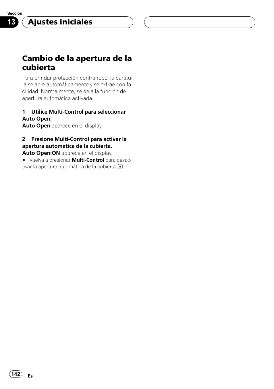 Cambio de la apertura de la cubierta 142, Cambio de la apertura de la cubierta, Ajustes iniciales | Pioneer DEH-P80MP User Manual | Page 142 / 155