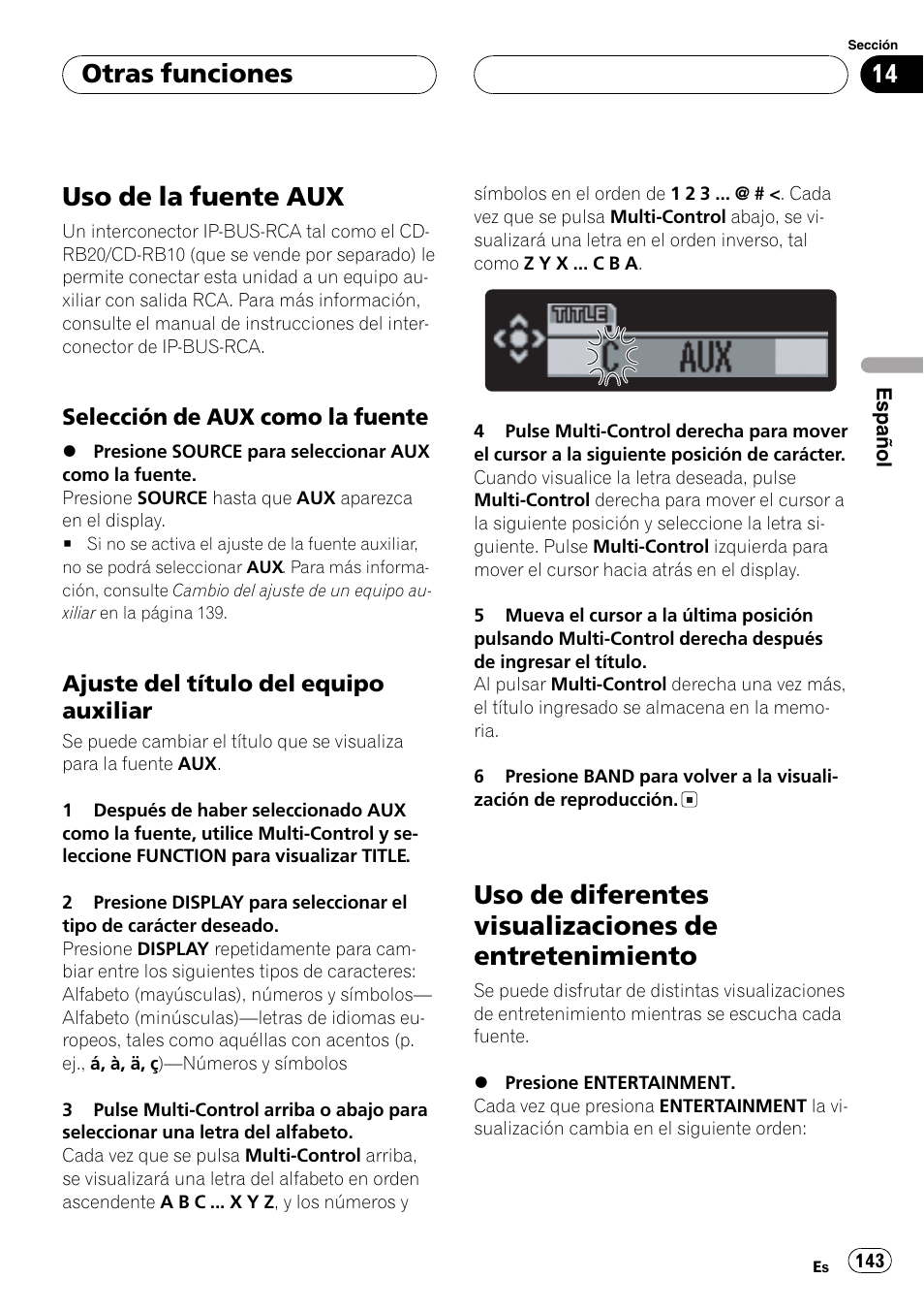 Otras funciones, Uso de la fuente aux 143, Selección de aux como la | Fuente 143, Ajuste del título del equipo, Auxiliar 143, Uso de diferentes visualizaciones de, Entretenimiento 143, Uso de la fuente aux | Pioneer DEH-P80MP User Manual | Page 143 / 155