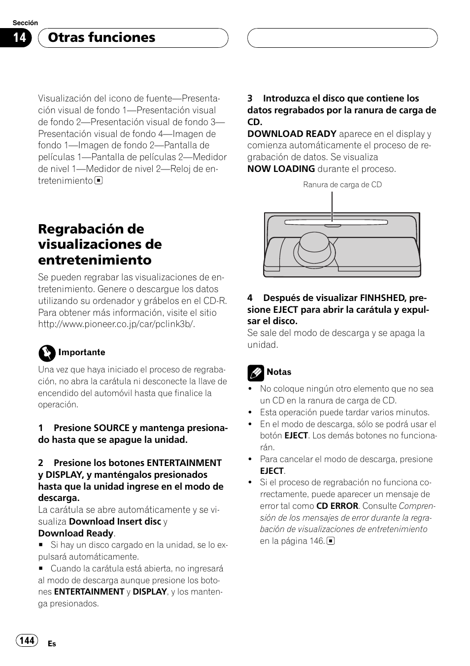 Regrabación de visualizaciones de, Entretenimiento 144, Regrabación de visualizaciones de entretenimiento | Otras funciones | Pioneer DEH-P80MP User Manual | Page 144 / 155