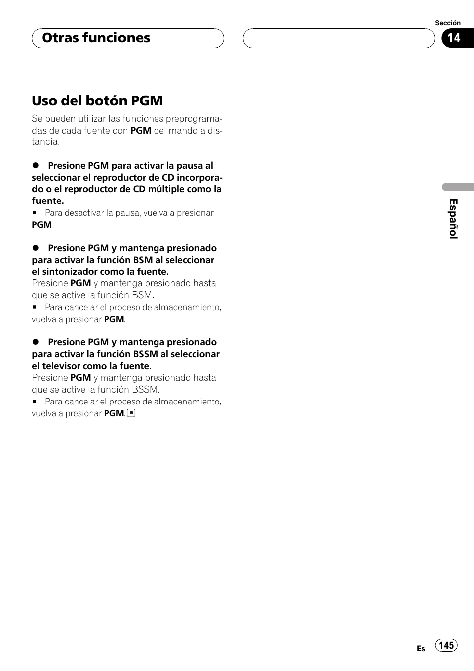 Uso del botón pgm 145, Uso del botón pgm, Otras funciones | Pioneer DEH-P80MP User Manual | Page 145 / 155