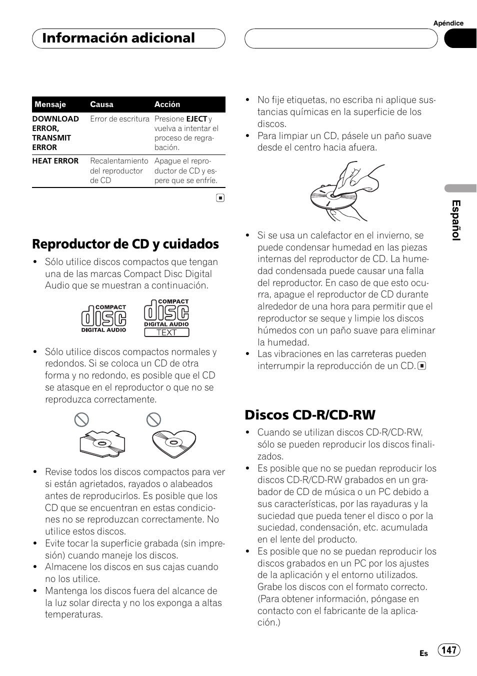 Reproductor de cd y cuidados 147, Discos cd-r/cd-rw 147, Reproductor de cd y cuidados | Discos cd-r/cd-rw, Información adicional | Pioneer DEH-P80MP User Manual | Page 147 / 155