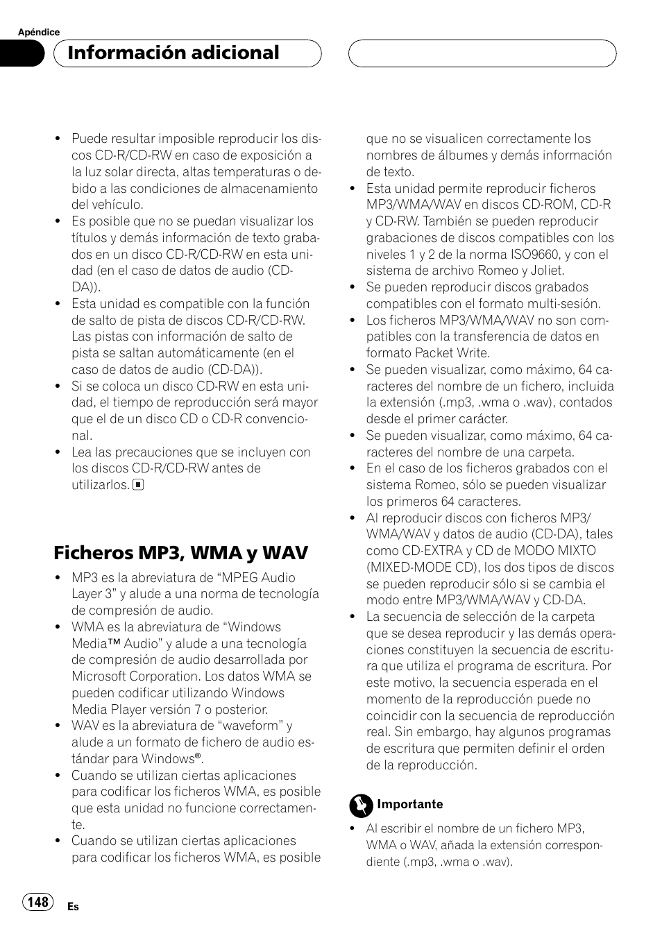 Ficheros mp3, wma y wav 148, Ficheros mp3, wma y wav, Información adicional | Pioneer DEH-P80MP User Manual | Page 148 / 155