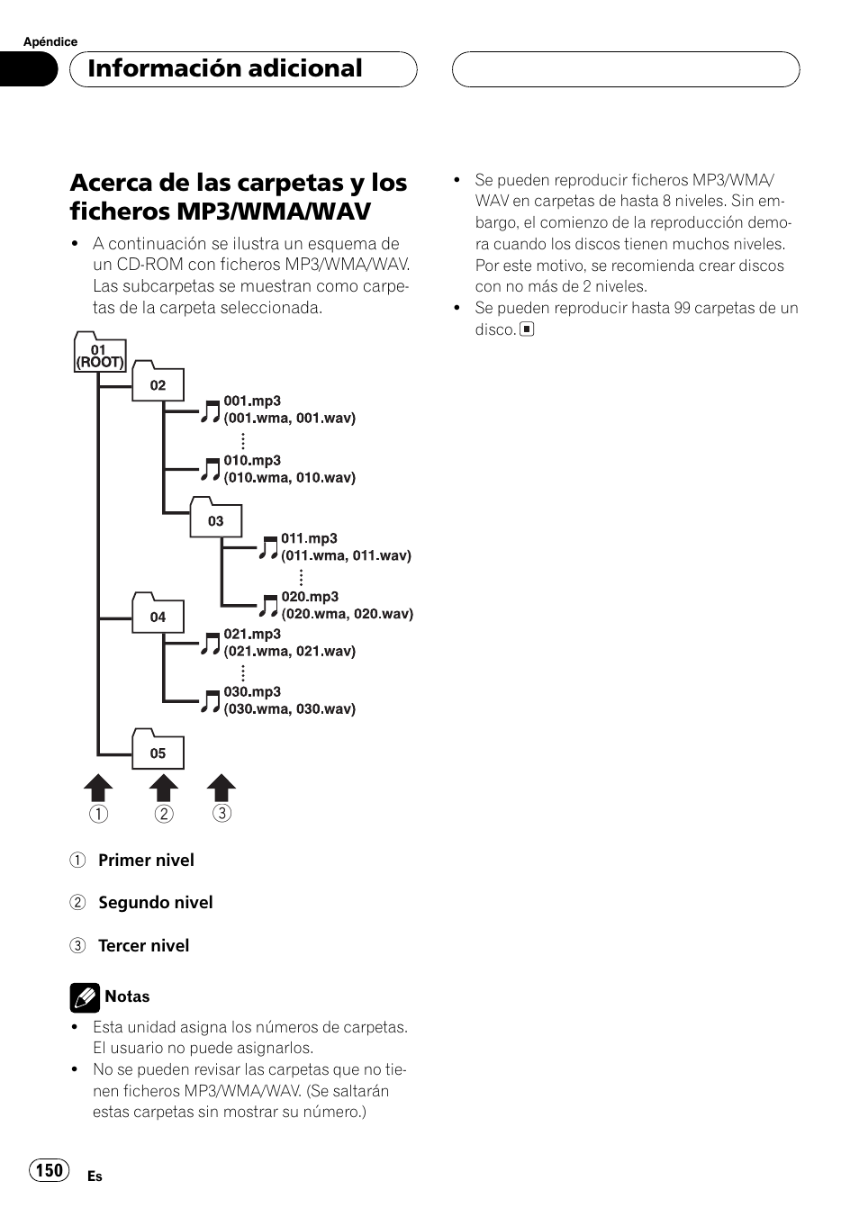 Acerca de las carpetas y los ficheros mp3, Wma/wav 150, Acerca de las carpetas y los ficheros mp3/wma/wav | Información adicional | Pioneer DEH-P80MP User Manual | Page 150 / 155