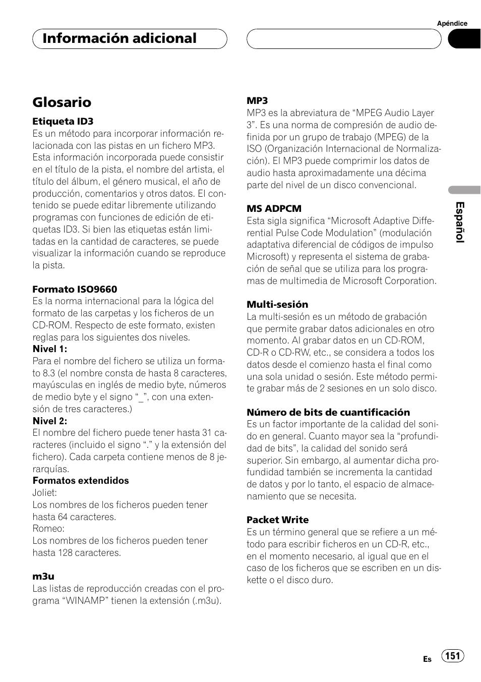 Glosario 151, Glosario, Información adicional | Pioneer DEH-P80MP User Manual | Page 151 / 155