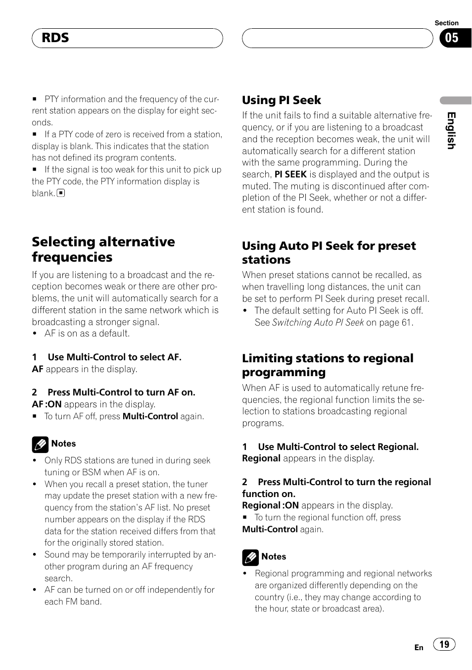 Selecting alternative frequencies 19, Using pi seek 19, Using auto pi seek for preset | Stations 19, Limiting stations to regional, Programming 19, Selecting alternative frequencies, Using pi seek, Using auto pi seek for preset stations, Limiting stations to regional programming | Pioneer DEH-P80MP User Manual | Page 19 / 155