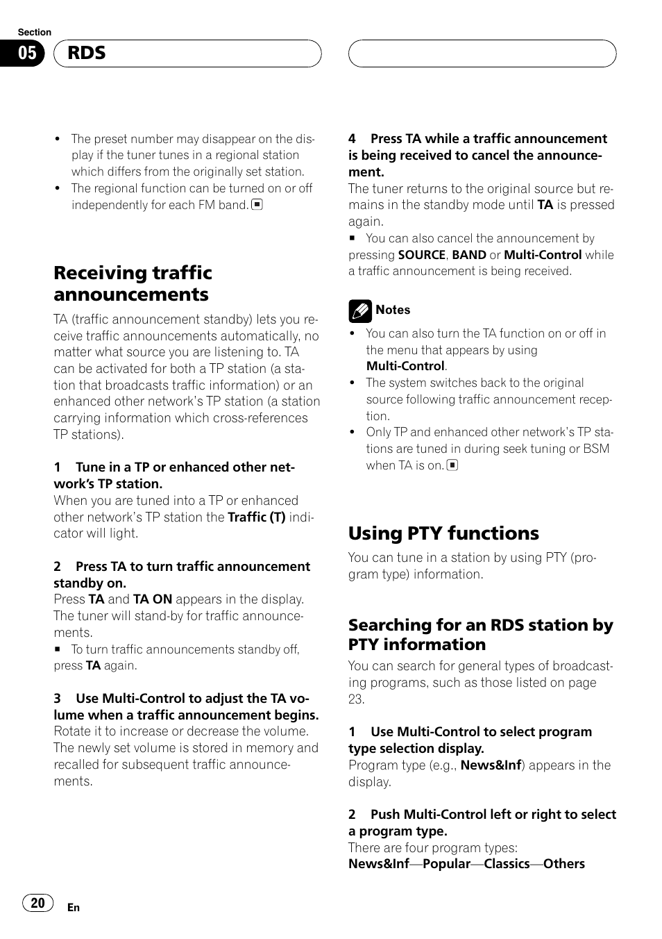 Receiving traffic announcements 20, Using pty functions 20, Searching for an rds station by pty | Information 20, Receiving traffic announcements, Using pty functions, Searching for an rds station by pty information | Pioneer DEH-P80MP User Manual | Page 20 / 155