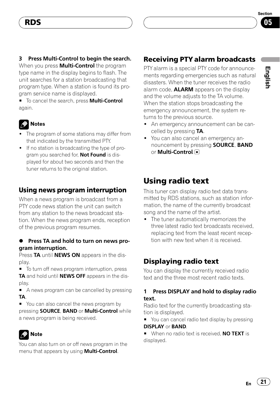 Using news program interruption 21, Receiving pty alarm broadcasts 21, Using radio text 21 | Displaying radio text 21, Using radio text, Using news program interruption, Receiving pty alarm broadcasts, Displaying radio text | Pioneer DEH-P80MP User Manual | Page 21 / 155