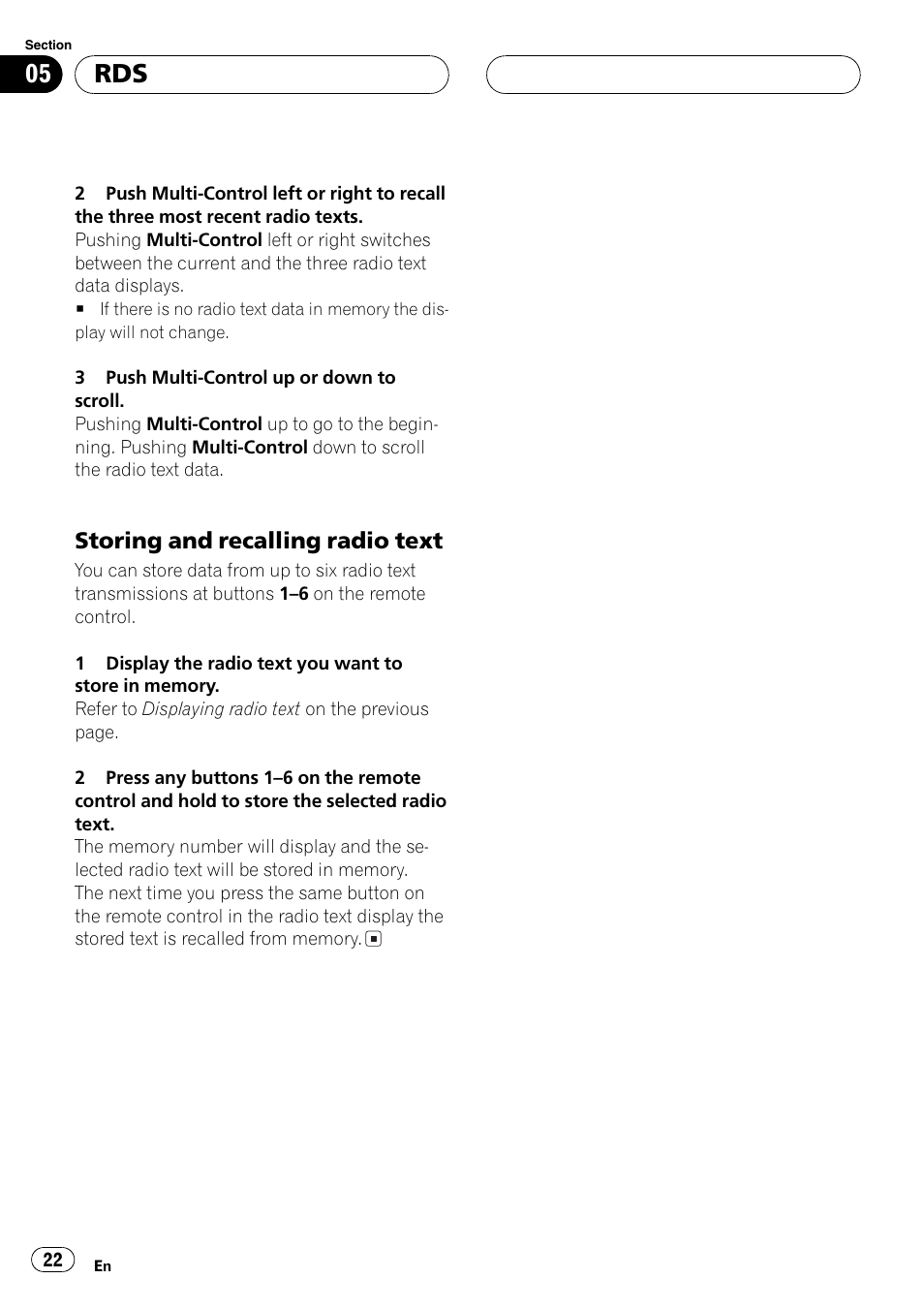 Storing and recalling radio text 22, Storing and recalling radio text | Pioneer DEH-P80MP User Manual | Page 22 / 155