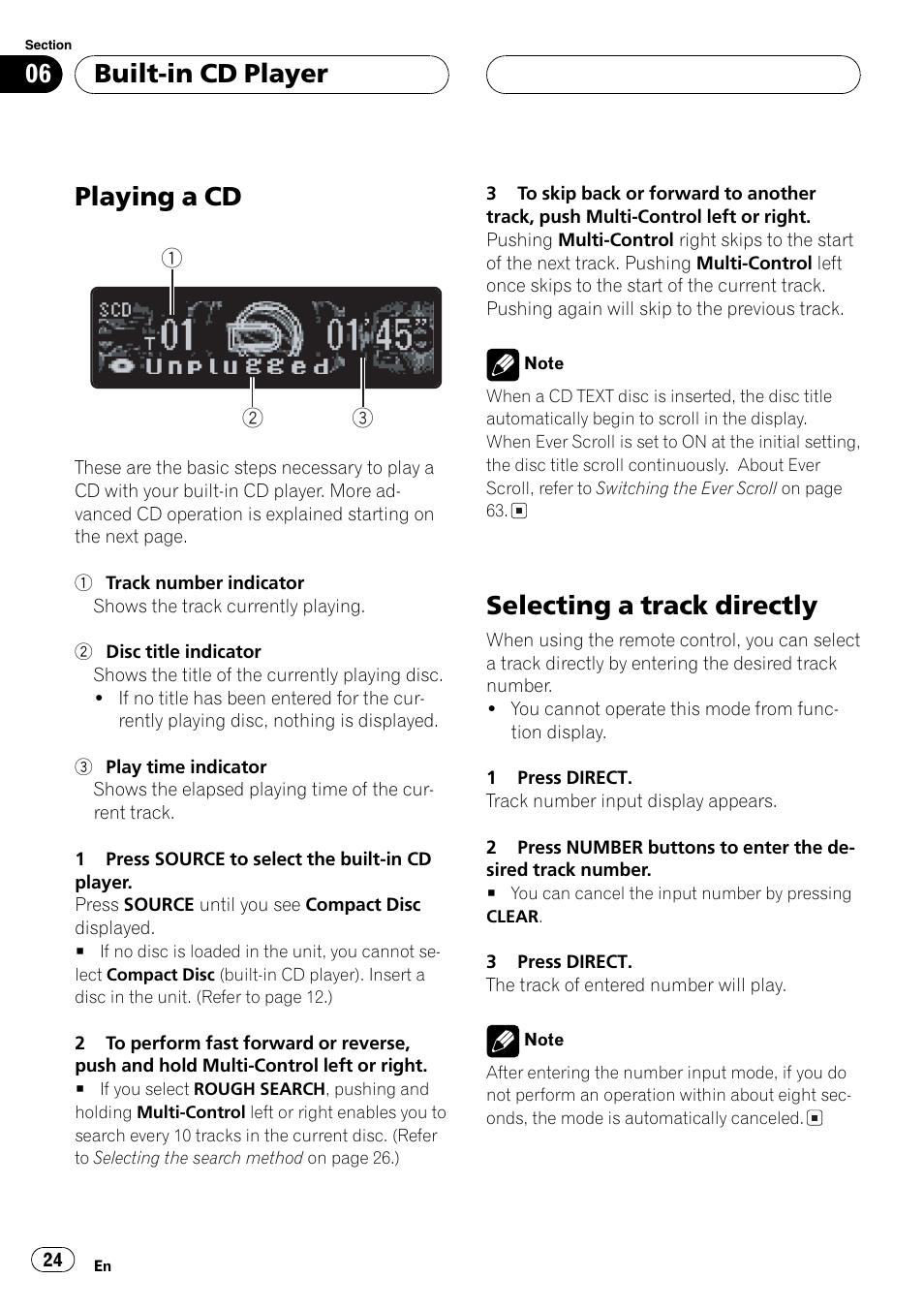 Built-in cd player, Playing a cd 24, Selecting a track directly 24 | Playing a cd, Selecting a track directly | Pioneer DEH-P80MP User Manual | Page 24 / 155