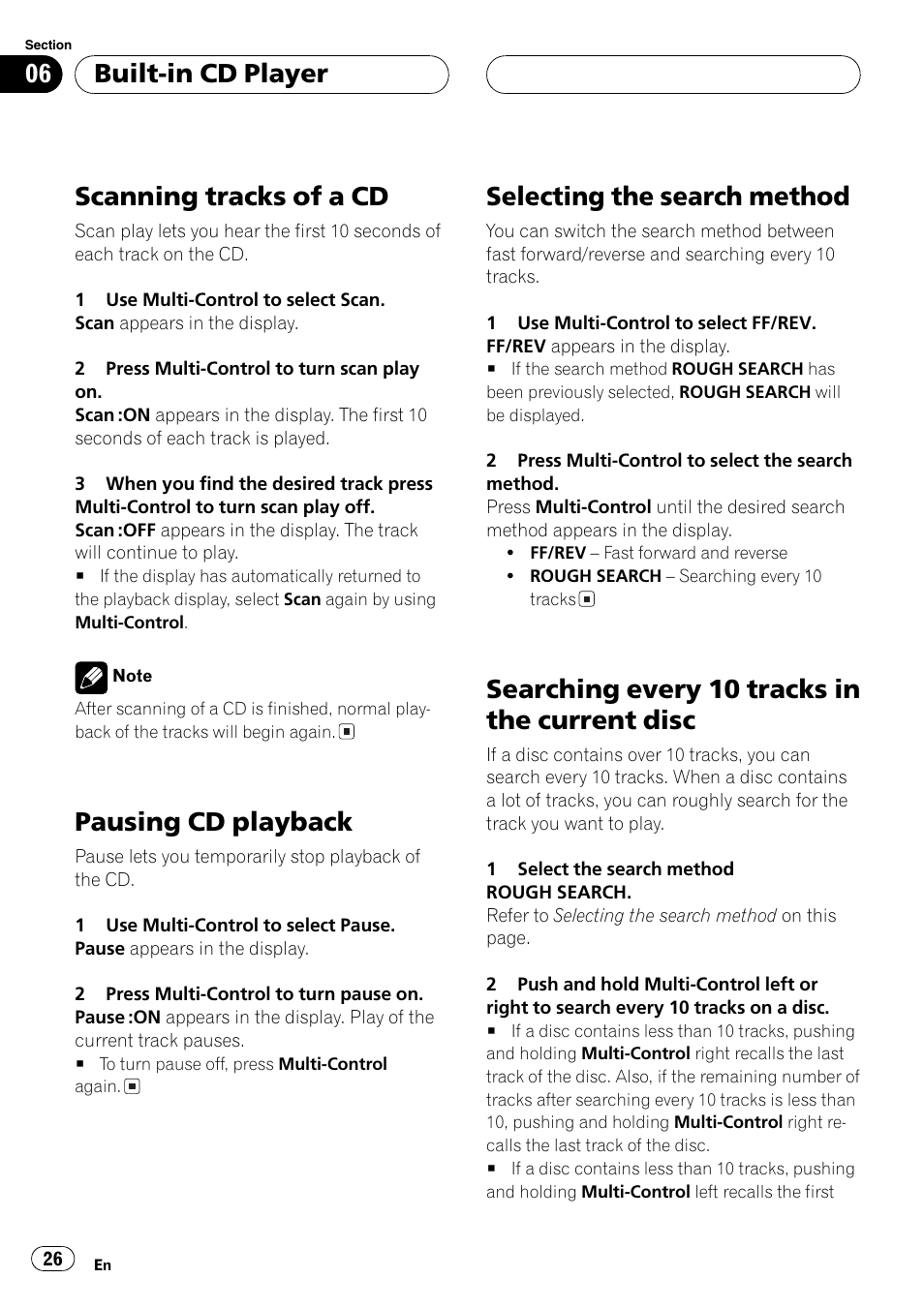 Scanning tracks of a cd 26, Pausing cd playback 26, Selecting the search method 26 | Searching every 10 tracks in the current, Disc 26, Scanning tracks of a cd, Pausing cd playback, Selecting the search method, Searching every 10 tracks in the current disc, Built-in cd player | Pioneer DEH-P80MP User Manual | Page 26 / 155