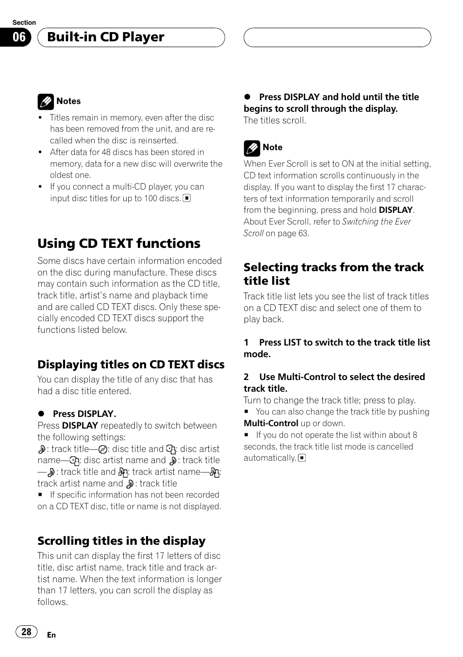Using cd text functions 28, Displaying titles on cd text, Discs 28 | Scrolling titles in the display 28, Selecting tracks from the track title, List 28, Using cd text functions, Built-in cd player, Displaying titles on cd text discs, Scrolling titles in the display | Pioneer DEH-P80MP User Manual | Page 28 / 155
