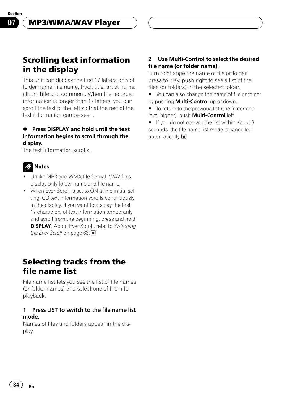 Scrolling text information in the display 34, Selecting tracks from the file name list 34, Scrolling text information in the display | Selecting tracks from the file name list, Mp3/wma/wav player | Pioneer DEH-P80MP User Manual | Page 34 / 155