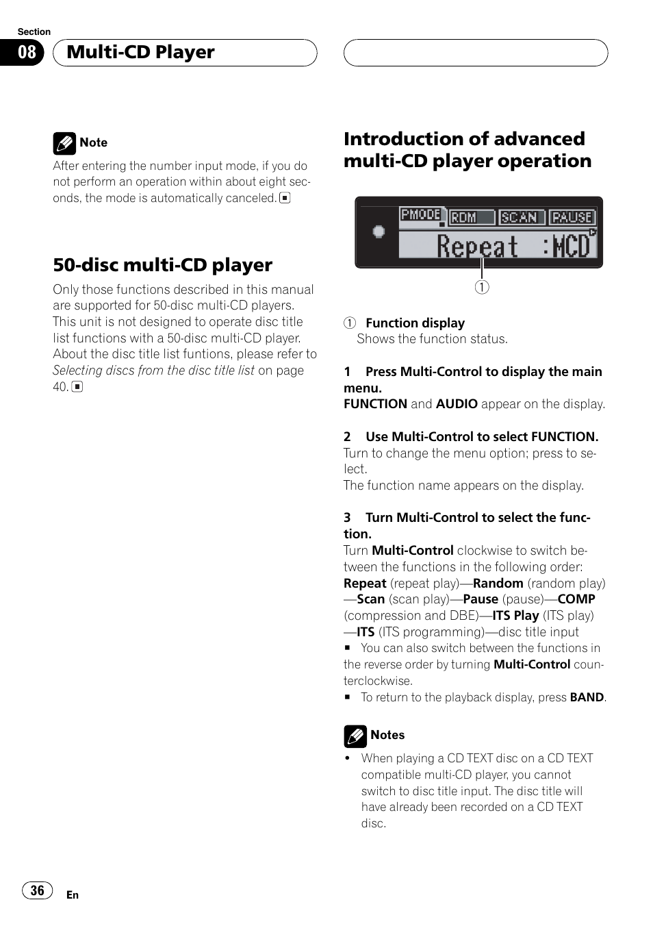 Disc multi-cd player 36, Introduction of advanced multi-cd player, Operation 36 | Disc multi-cd player, Introduction of advanced multi-cd player operation, Multi-cd player | Pioneer DEH-P80MP User Manual | Page 36 / 155