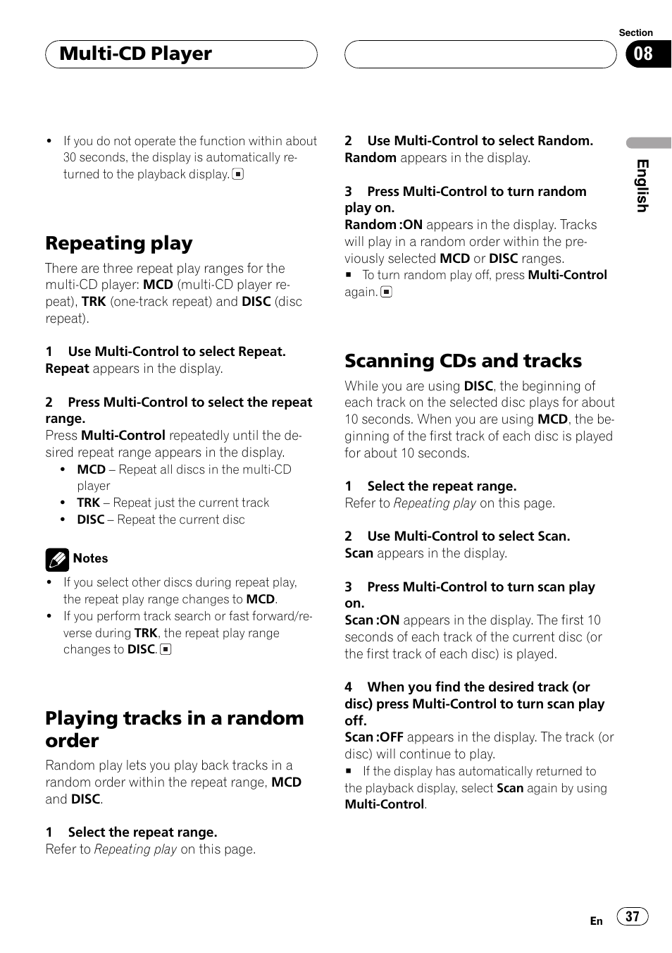 Repeating play 37, Playing tracks in a random order 37, Scanning cds and tracks 37 | Repeating play, Playing tracks in a random order, Scanning cds and tracks, Multi-cd player | Pioneer DEH-P80MP User Manual | Page 37 / 155