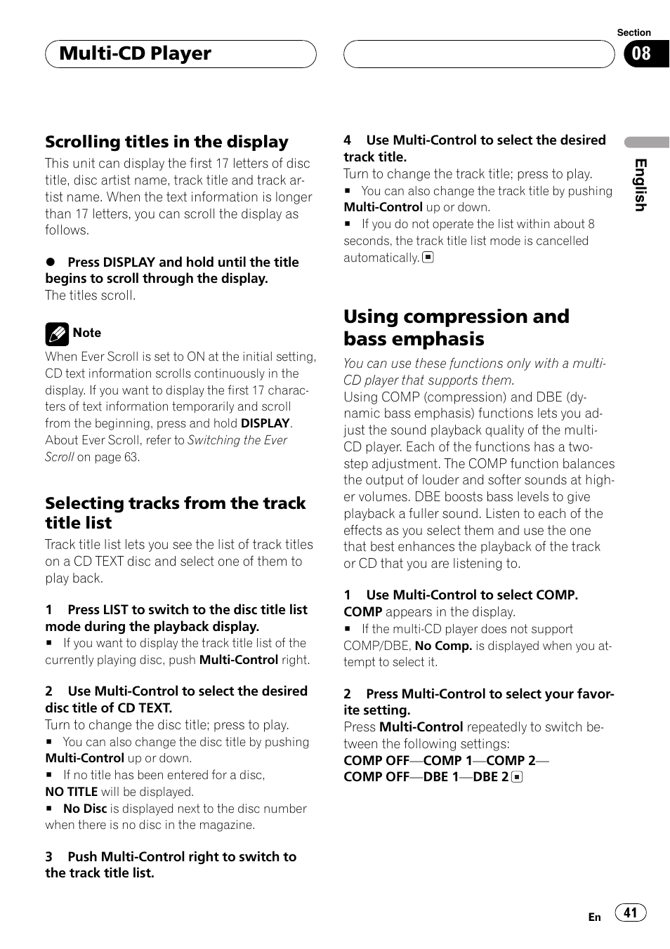Scrolling titles in the display 41, Selecting tracks from the track title, List 41 | Using compression and bass emphasis 41, Using compression and bass emphasis, Multi-cd player, Scrolling titles in the display, Selecting tracks from the track title list | Pioneer DEH-P80MP User Manual | Page 41 / 155