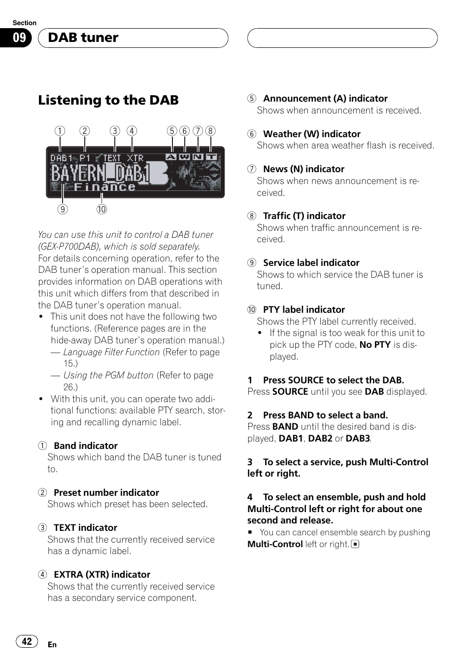 Dab tuner, Listening to the dab 42, Listening to the dab | Pioneer DEH-P80MP User Manual | Page 42 / 155