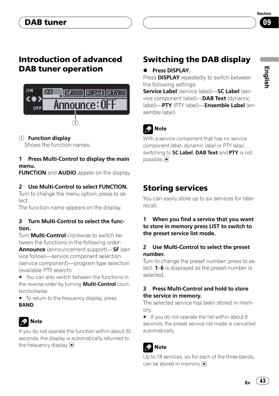 Introduction of advanced dab tuner, Operation 43, Switching the dab display 43 | Storing services 43, Introduction of advanced dab tuner operation, Switching the dab display, Storing services, Dab tuner | Pioneer DEH-P80MP User Manual | Page 43 / 155