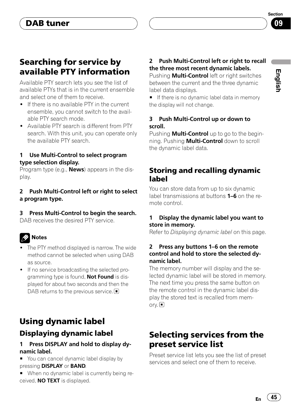 Searching for service by available pty, Information 45, Using dynamic label 45 | Displaying dynamic label 45, Storing and recalling dynamic, Label 45, Selecting services from the preset service, List 45, Searching for service by available pty information, Using dynamic label | Pioneer DEH-P80MP User Manual | Page 45 / 155