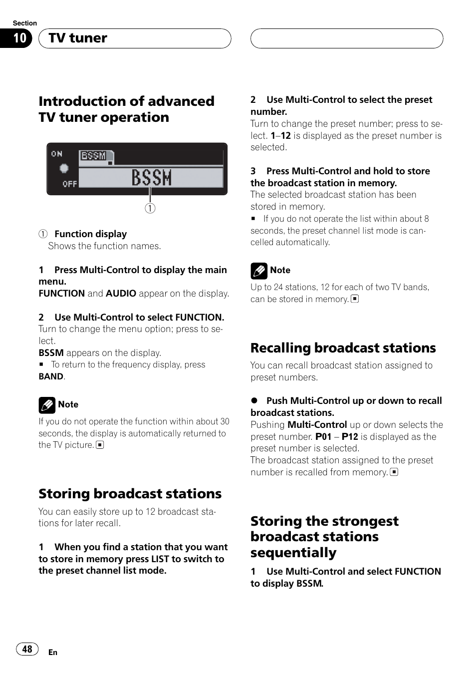 Introduction of advanced tv tuner, Operation 48, Storing broadcast stations 48 | Recalling broadcast stations 48, Storing the strongest broadcast stations, Sequentially 48, Introduction of advanced tv tuner operation, Storing broadcast stations, Recalling broadcast stations, Tv tuner | Pioneer DEH-P80MP User Manual | Page 48 / 155