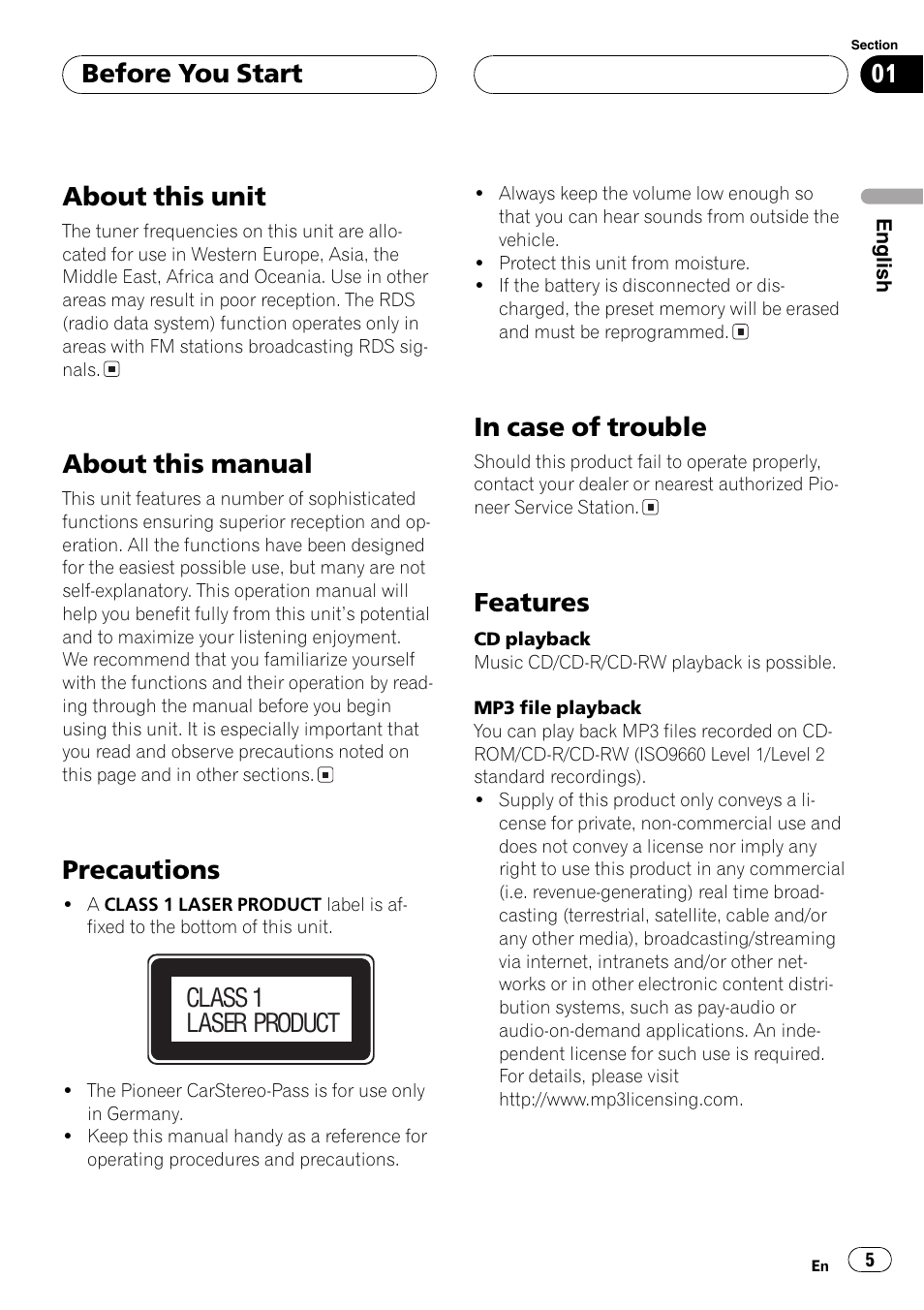 Before you start about this unit 5, About this manual 5, Precautions 5 | In case of trouble 5, Features 5, About this unit, About this manual, Precautions, Features, Before you start | Pioneer DEH-P80MP User Manual | Page 5 / 155